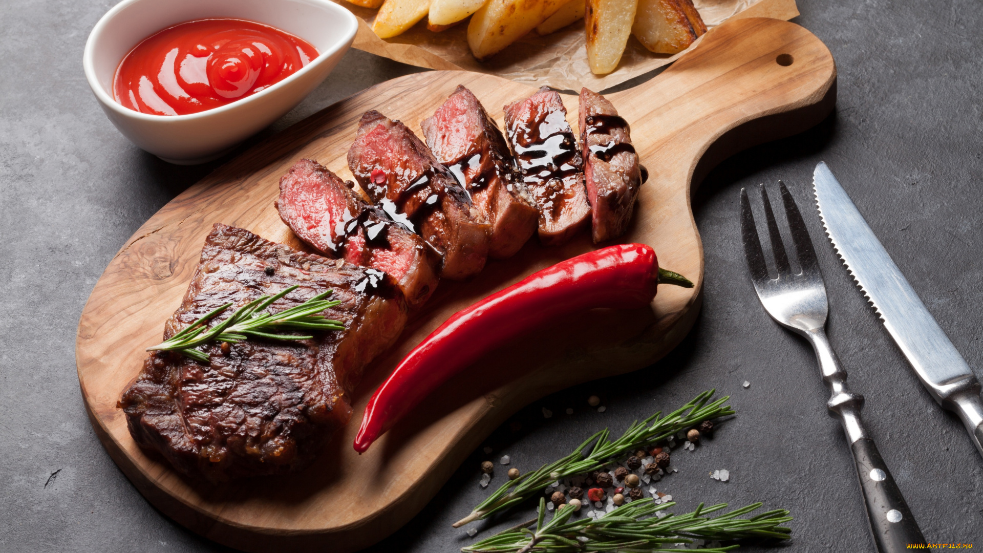 еда, мясные, блюда, кетчуп, стейк, перец, картофель