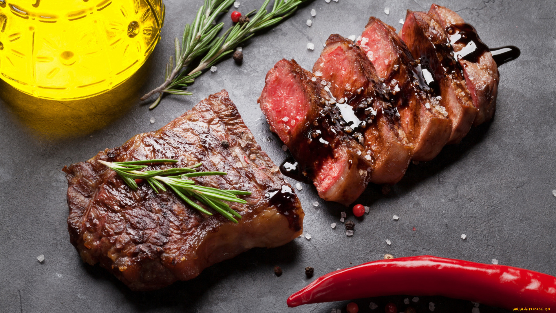 еда, мясные, блюда, перец, стейк, зелень