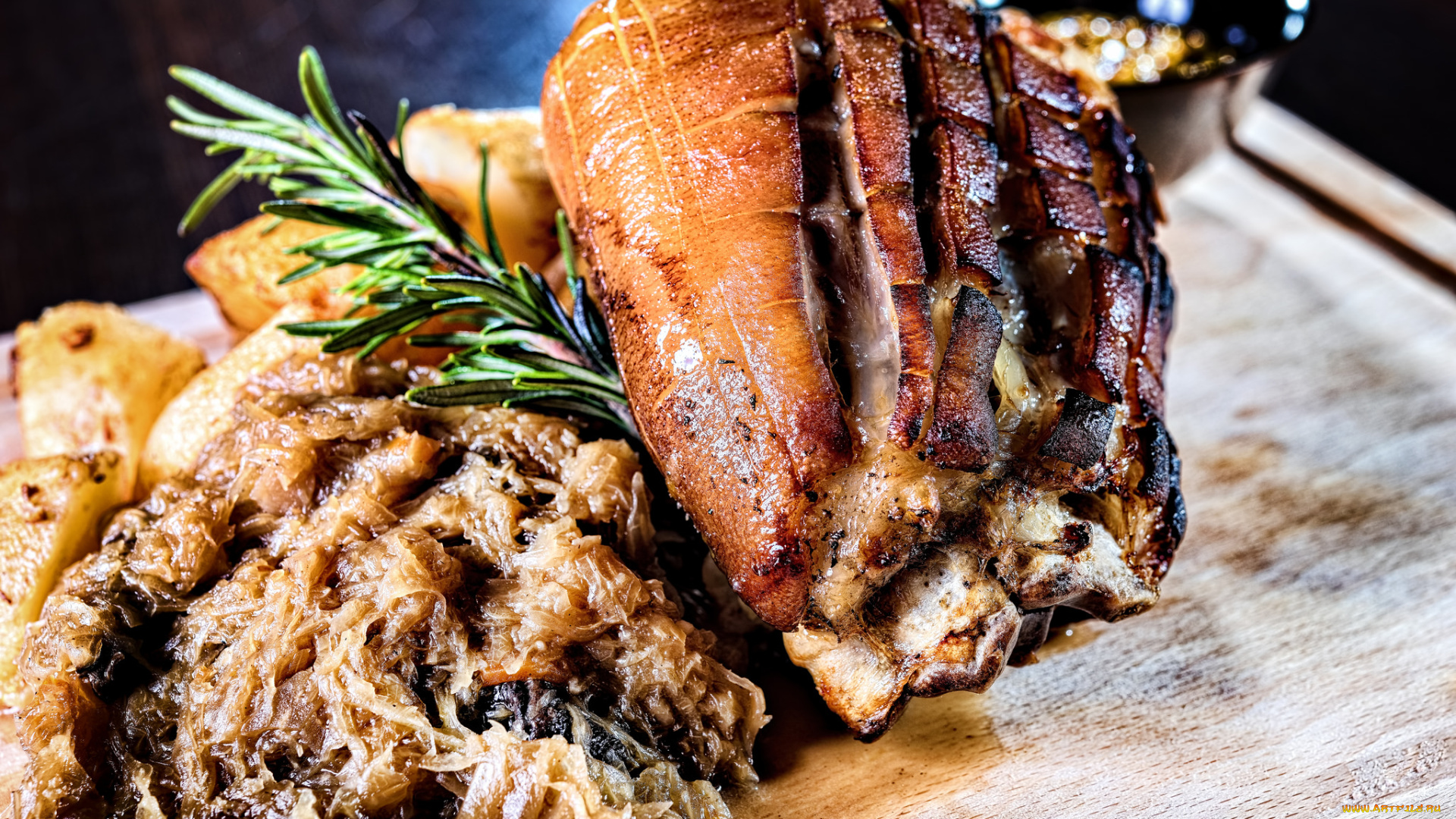 еда, мясные, блюда, рулька, горчица, картофель, гриль