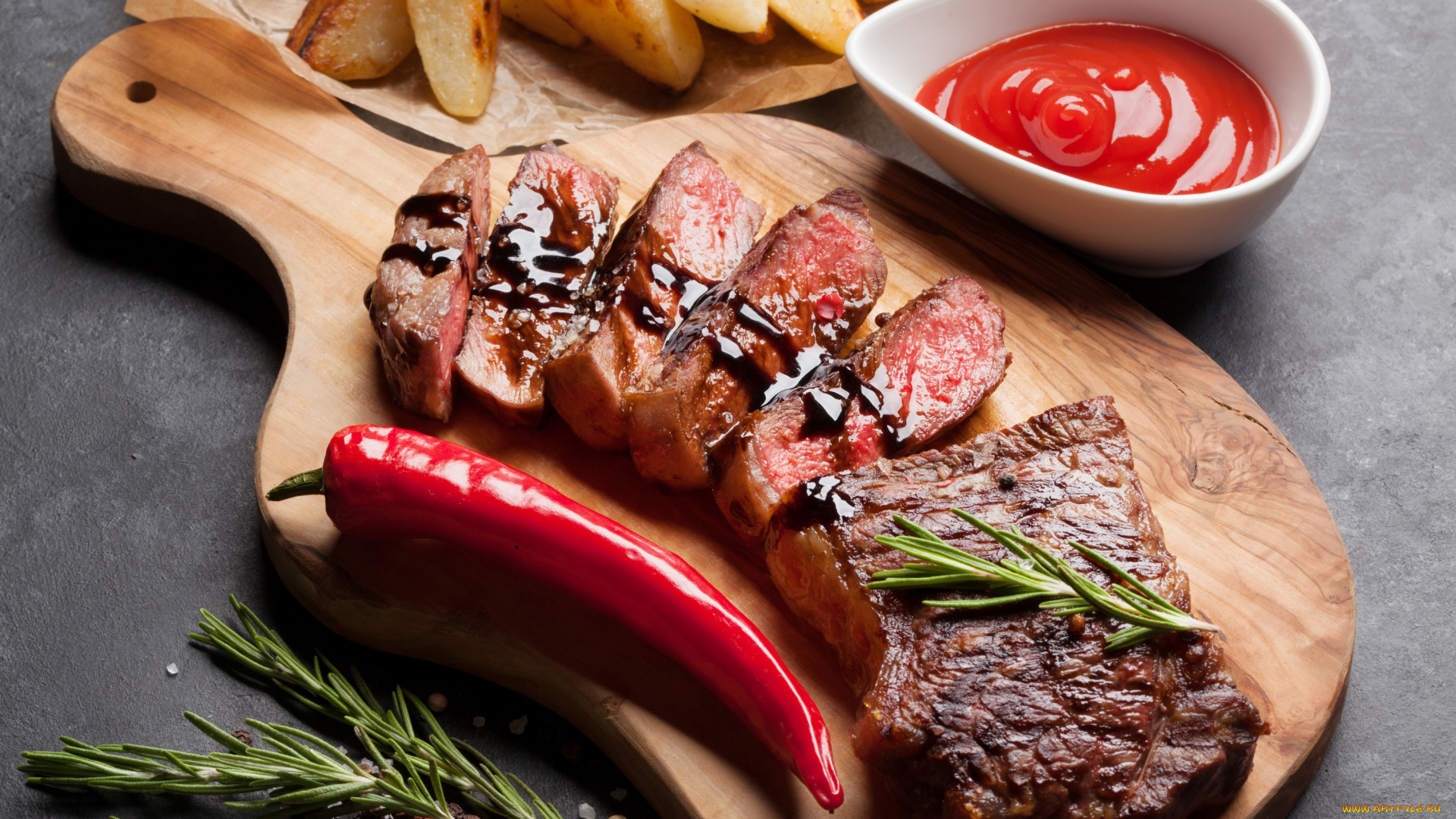 еда, мясные, блюда, стейк, картофель, перец, кетчуп