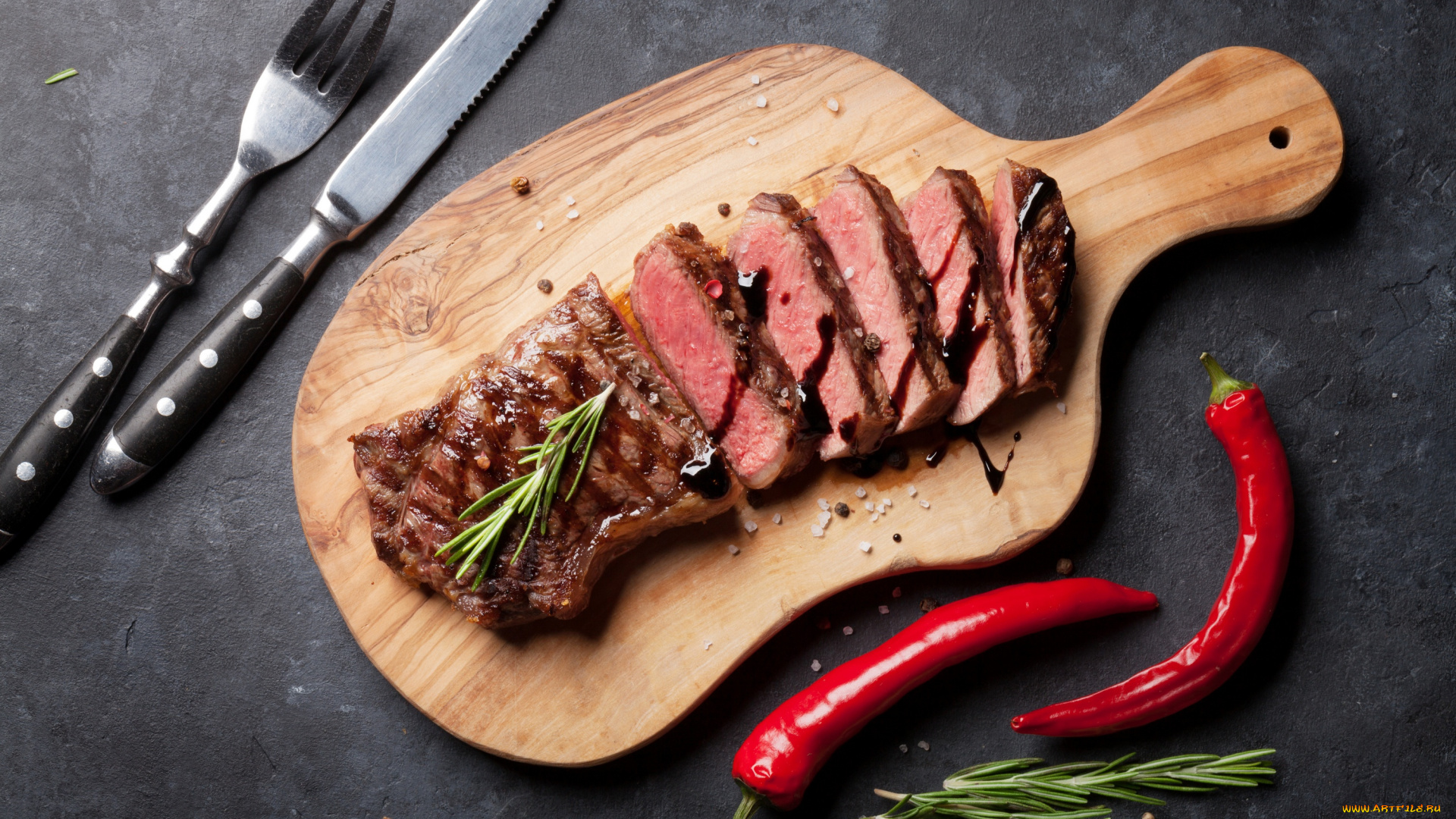 еда, мясные, блюда, столовые, приборы, доска, зелень, перец, стейк