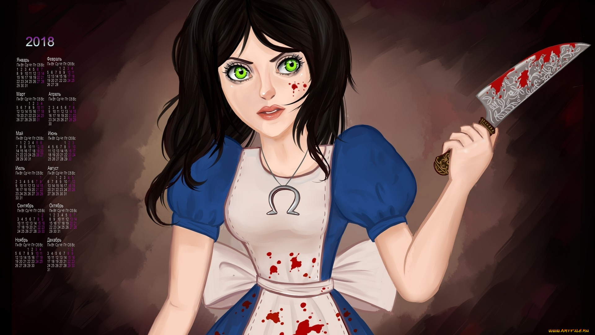 календари, рисованные, , векторная, графика, кулон, кровь, нож, девушка