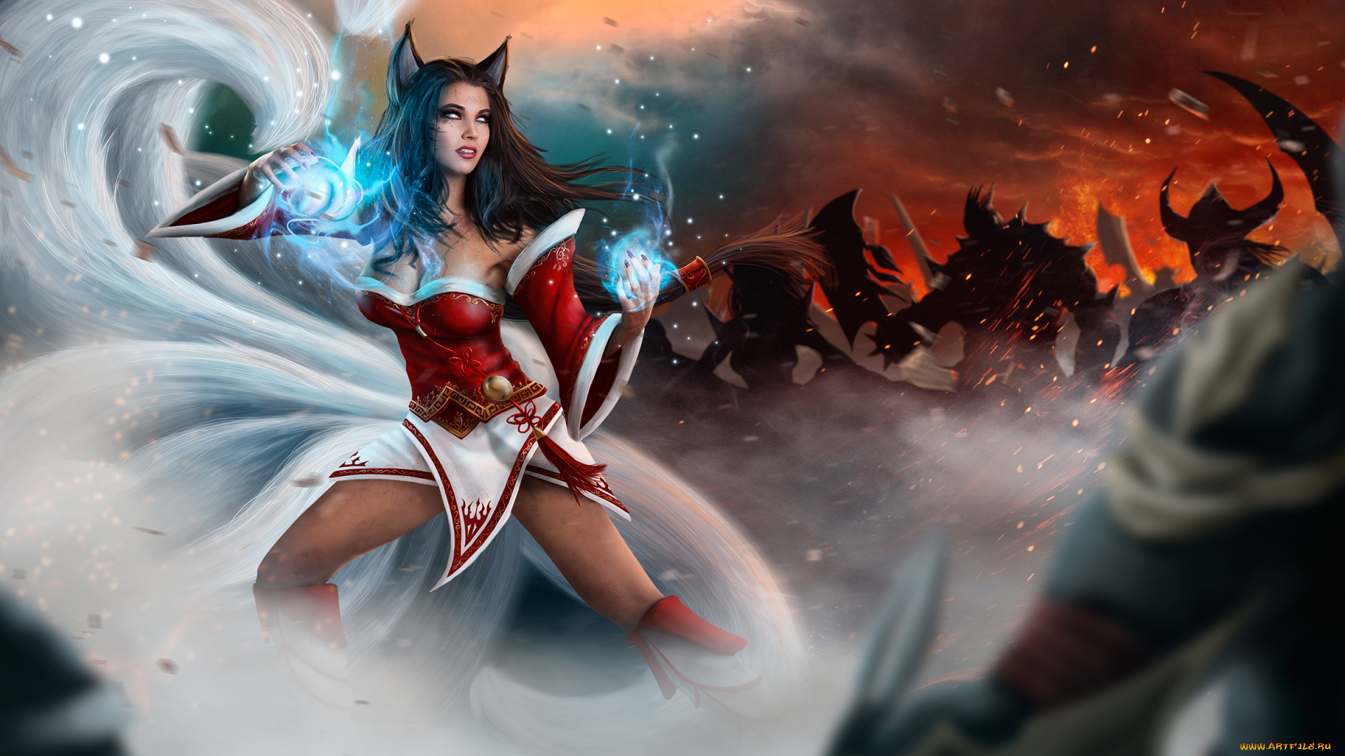 видео, игры, league, of, legends, магия, уши, фон, девушка, ahri