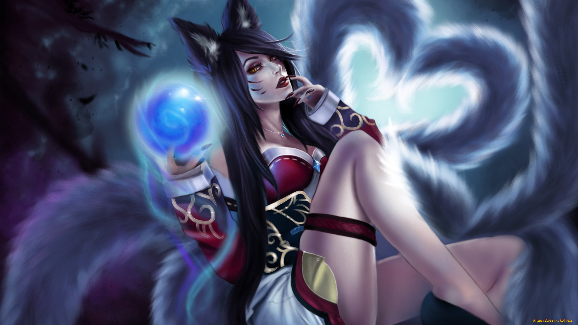 видео, игры, league, of, legends, уши, девушка, взгляд, магия, фон, ahri