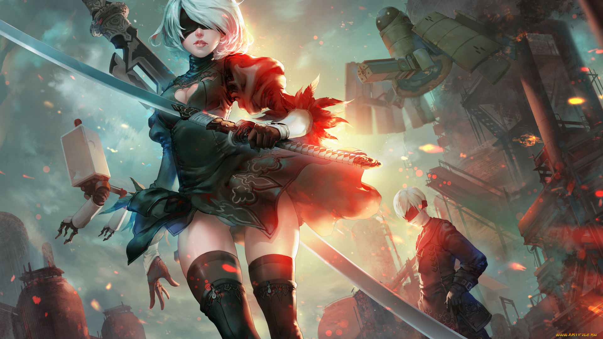 видео, игры, nier, , automata, девушка, парень