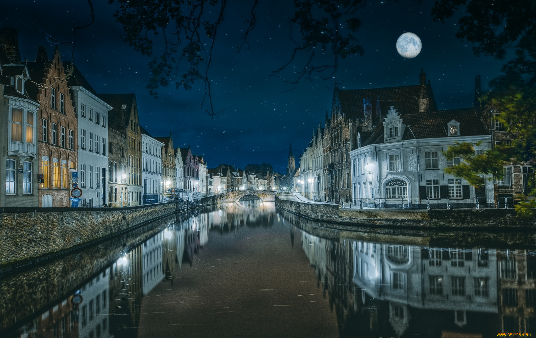 bruges, by, night, города, брюгге, , бельгия, ночь, огни, река