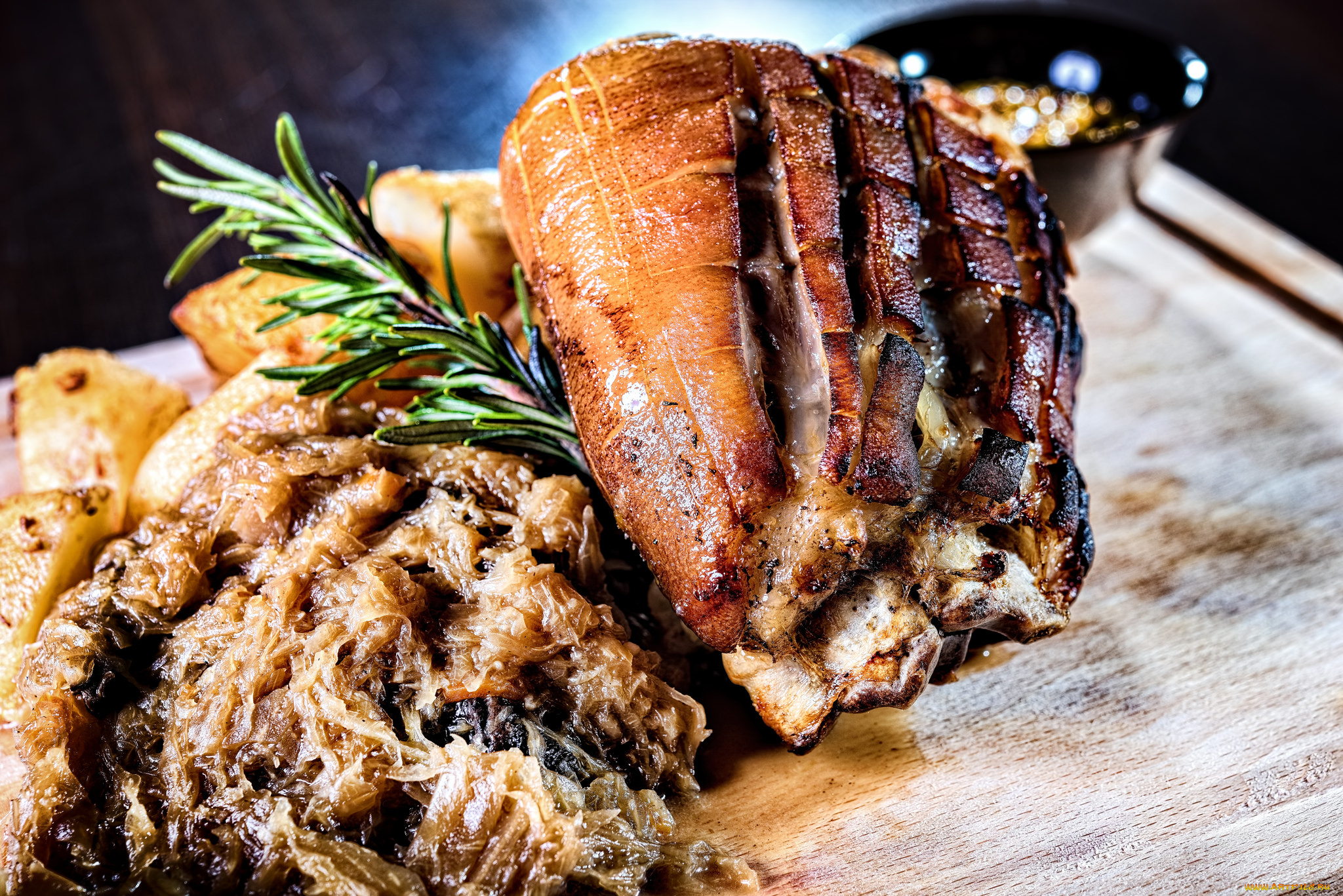 еда, мясные, блюда, рулька, горчица, картофель, гриль