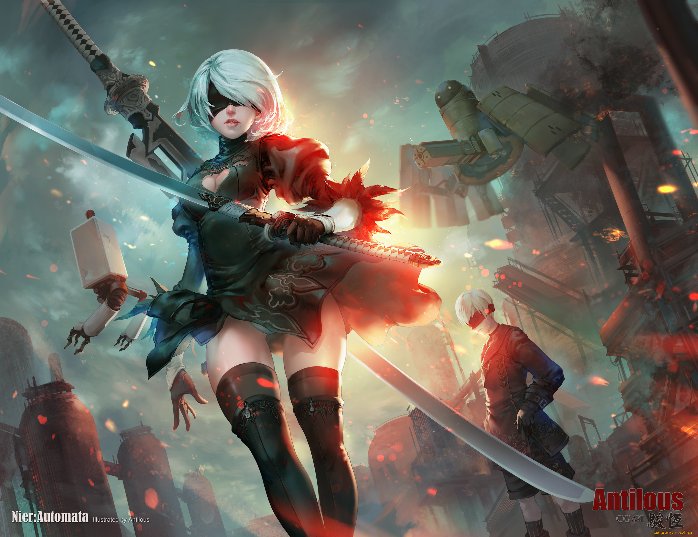 видео, игры, nier, , automata, девушка, парень