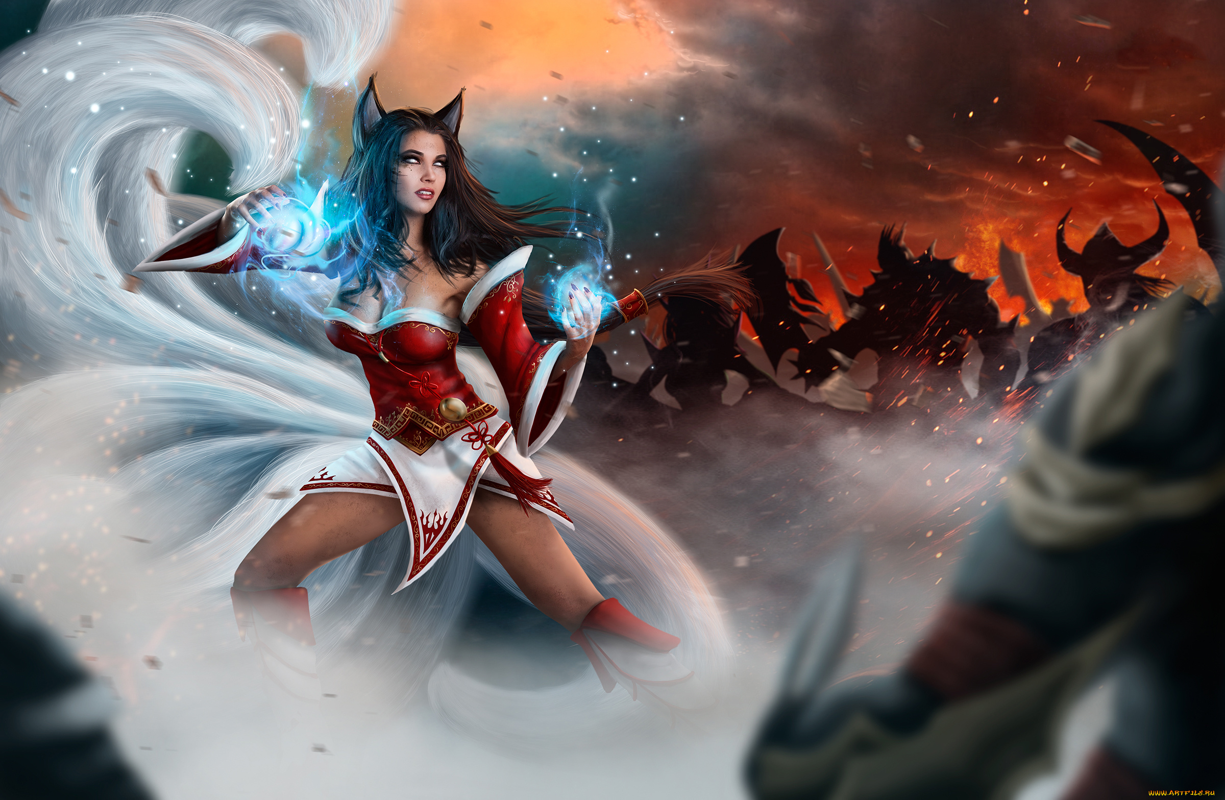 видео, игры, league, of, legends, магия, уши, фон, девушка, ahri