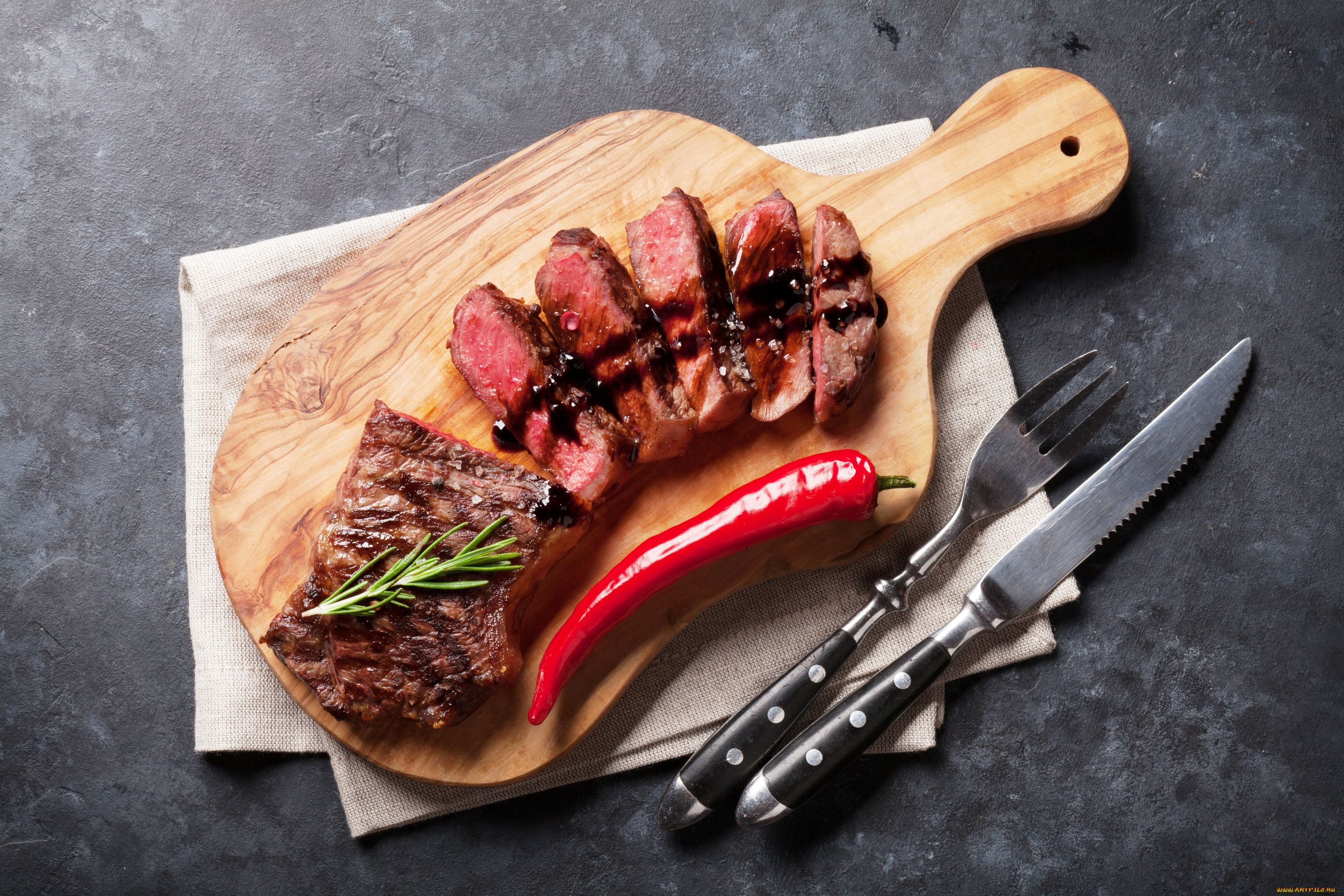 еда, мясные, блюда, стейк, перец, зелень, соль