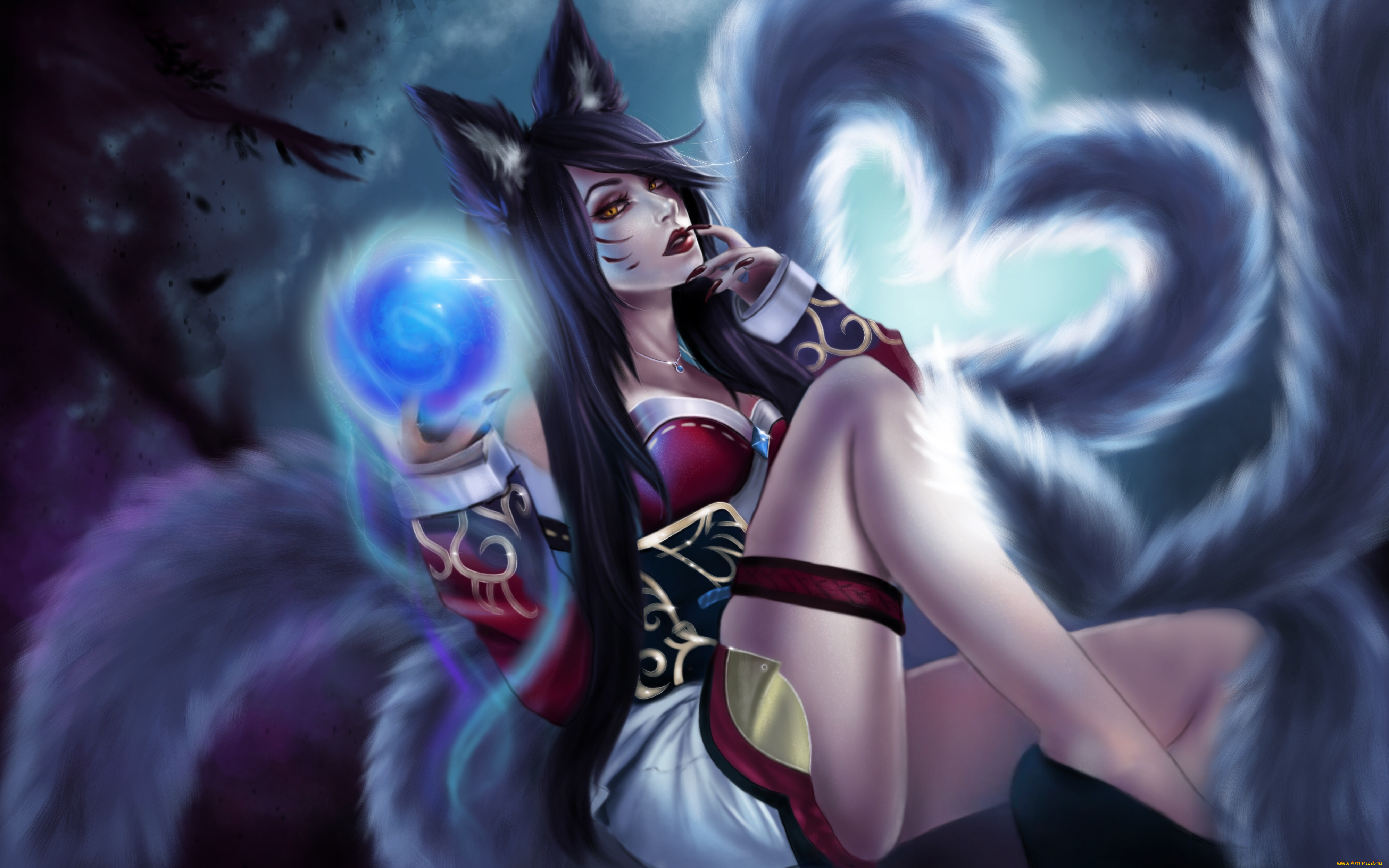 видео, игры, league, of, legends, уши, девушка, взгляд, магия, фон, ahri