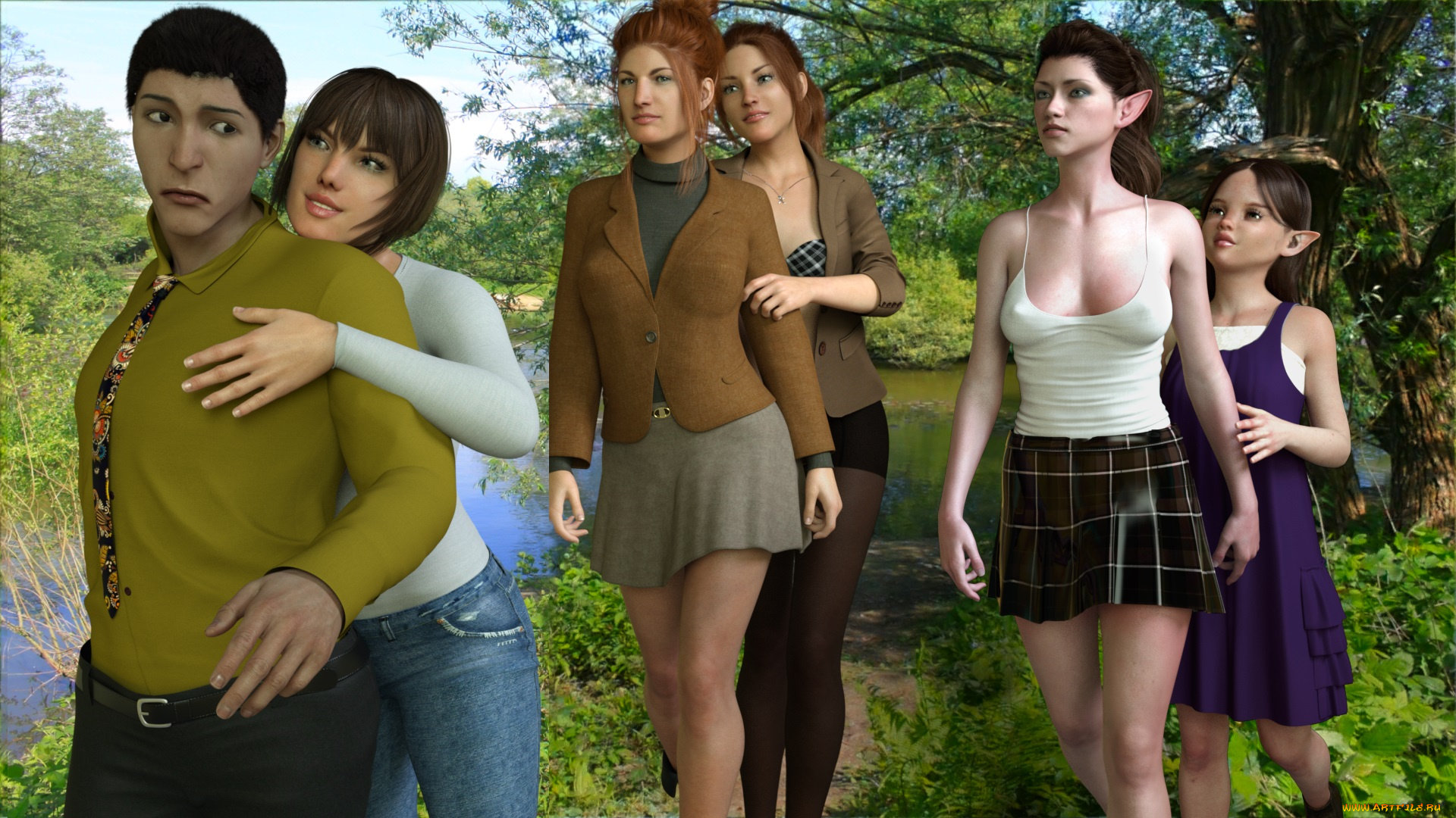 3д, графика, эльфы, , elves, девушки, взгляд, фон