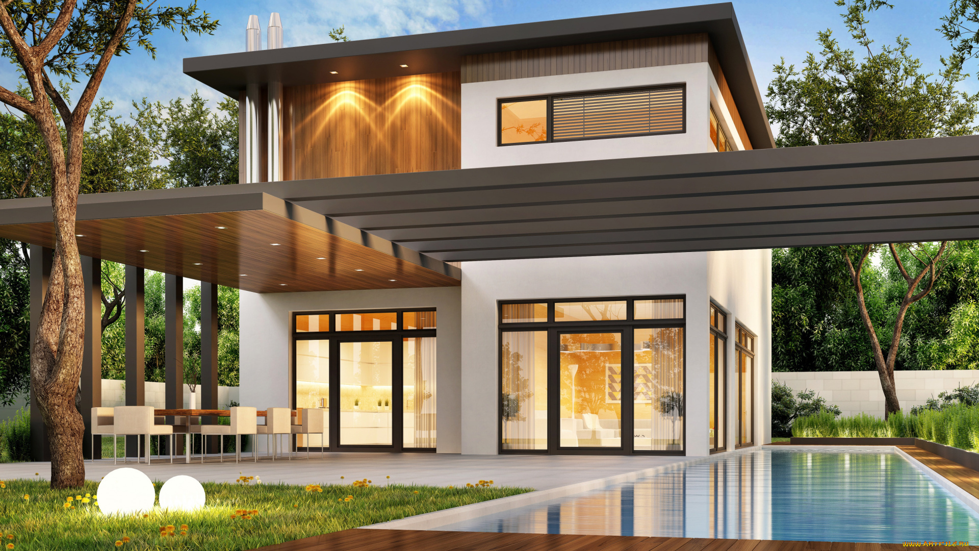 3д, графика, реализм, , realism, бассейн, вилла, luxury, villa, houses, газон, дом, modern, дизайн, деревья