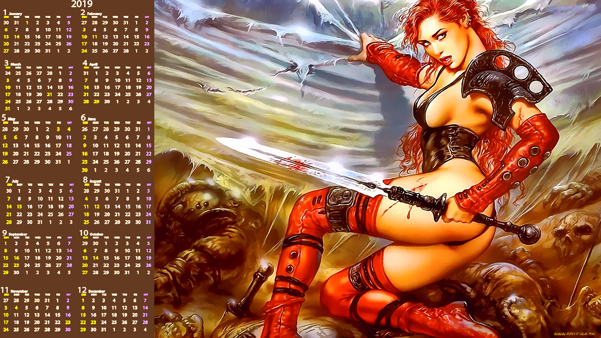 календари, фэнтези, оружие, девушка, череп