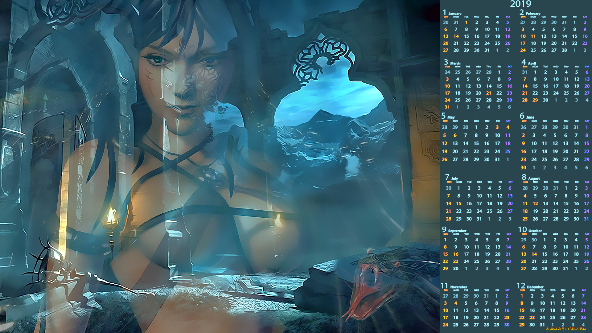 календари, фэнтези, помещение, девушка