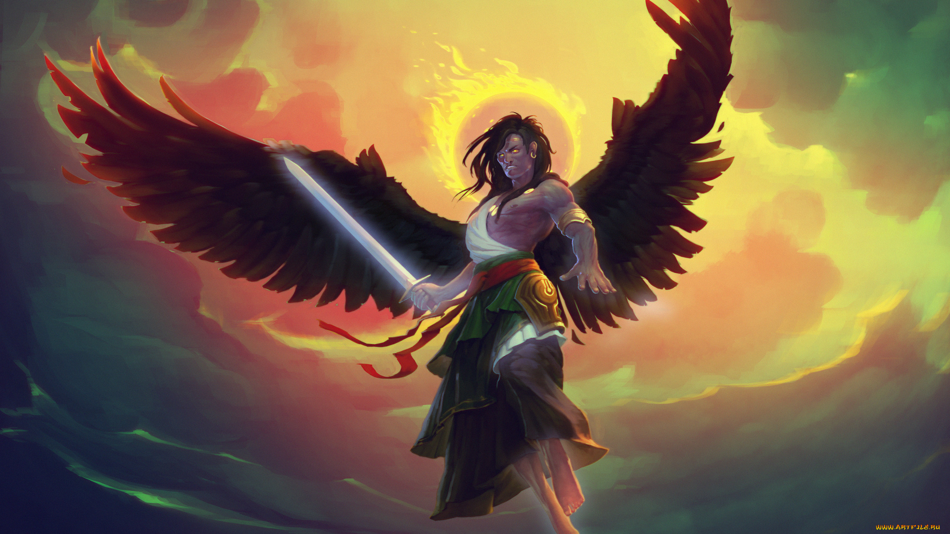 фэнтези, ангелы, мужчина, фон, взгляд, меч, крылья