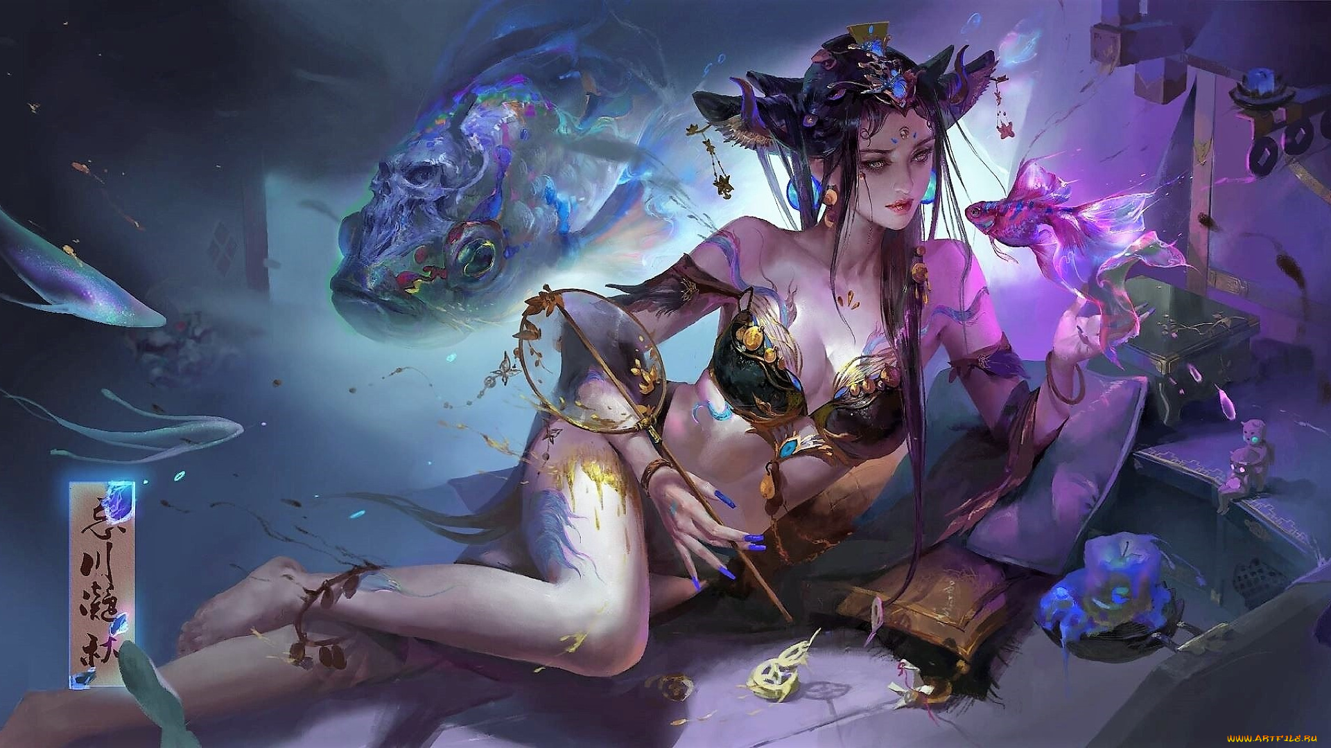 фэнтези, девушки, девушка, подушки, рыбы