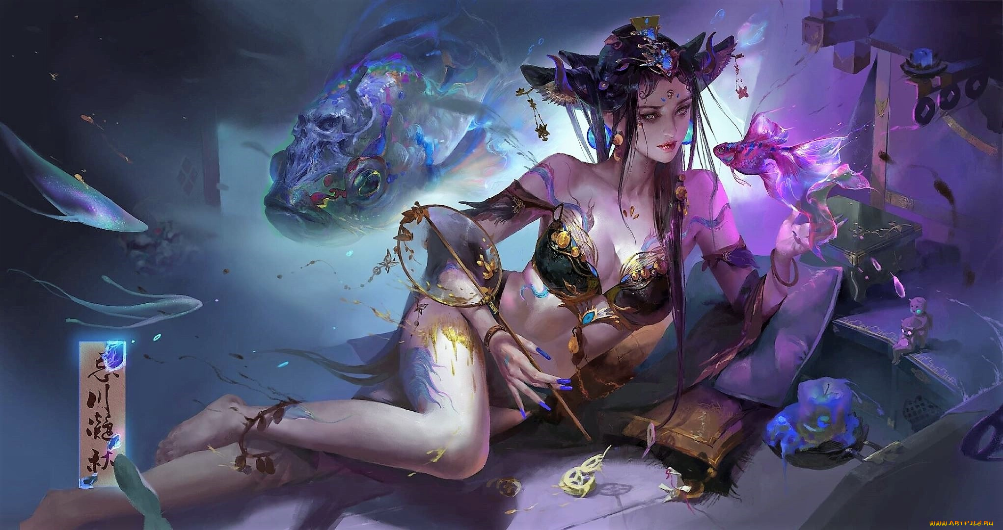 фэнтези, девушки, девушка, подушки, рыбы