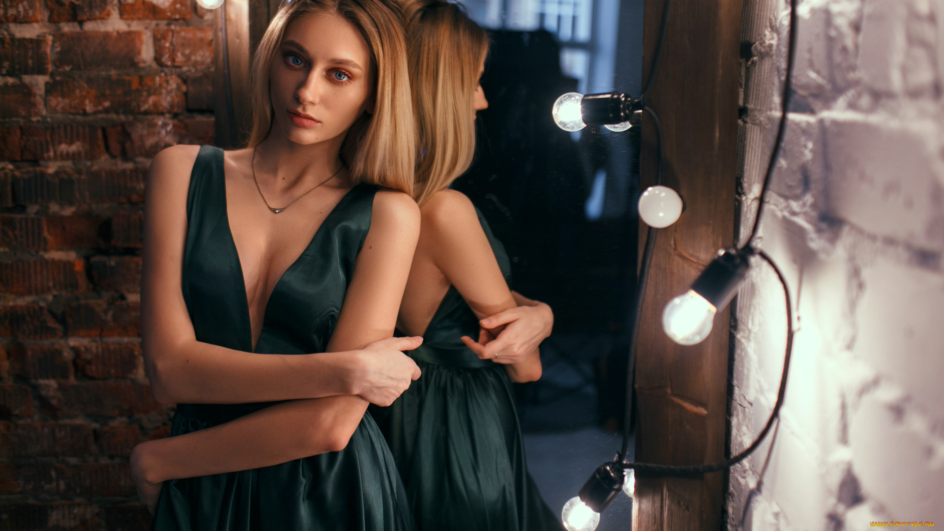 девушки, -, блондинки, , светловолосые, блондинка, платье, лампочки, зеркало