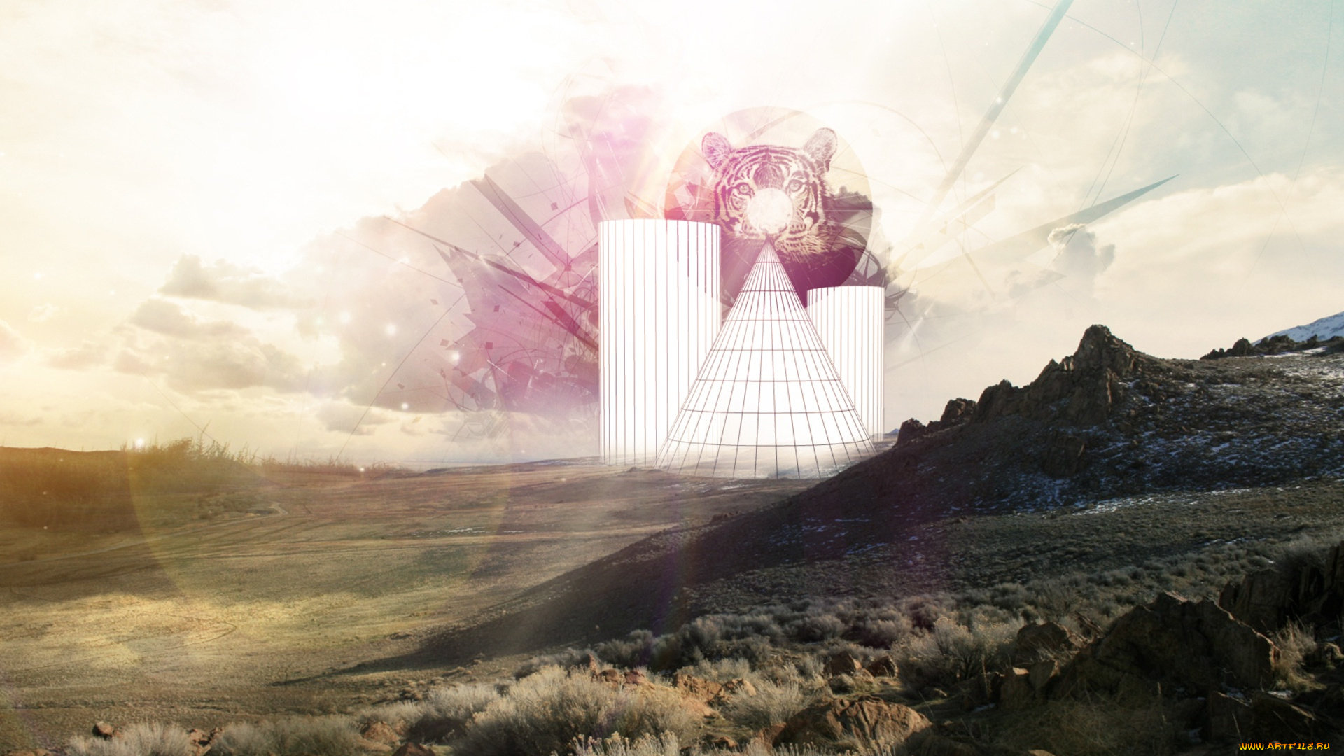 разное, компьютерный, дизайн, тигр, фигуры, горы, долина