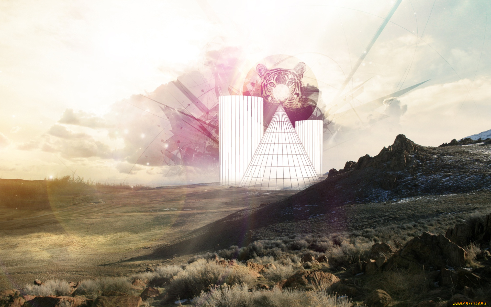 разное, компьютерный, дизайн, тигр, фигуры, горы, долина