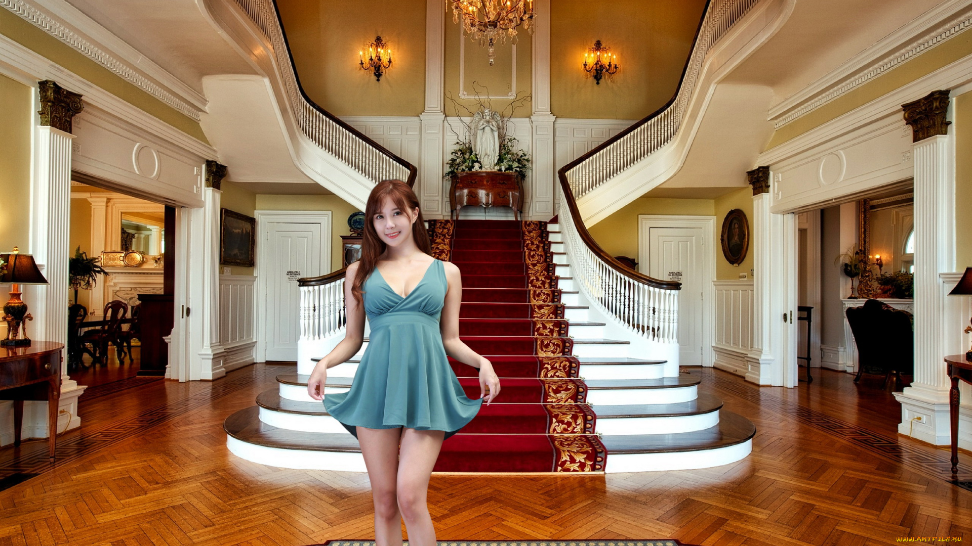 девушки, -, азиатки, лестница, люстра, азиатка, платье, мини
