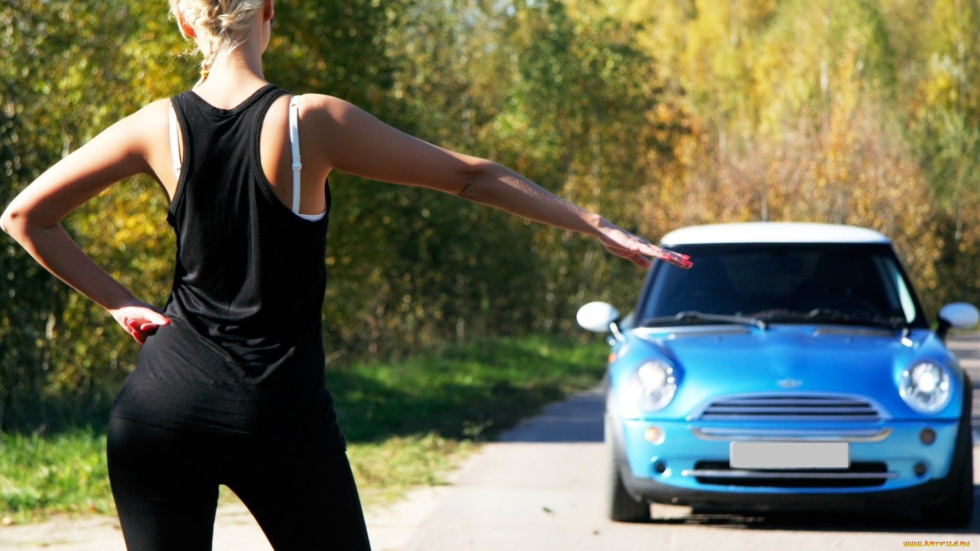 девушки, -, блондинки, , светловолосые, блондинка, майка, дорога, машина, осень