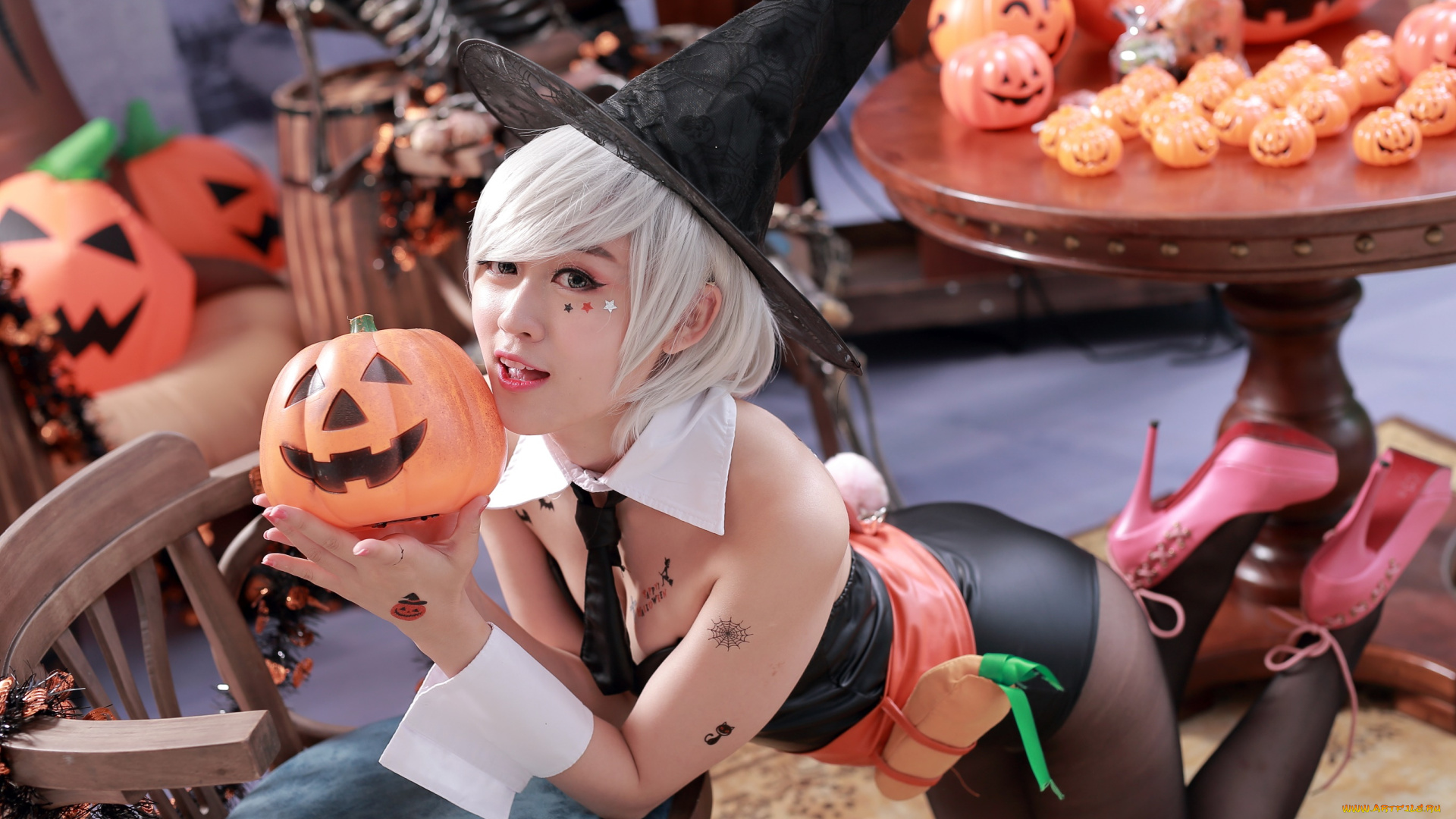 девушки, -, креатив, , косплей, костюм, образ, рожки, тыквы