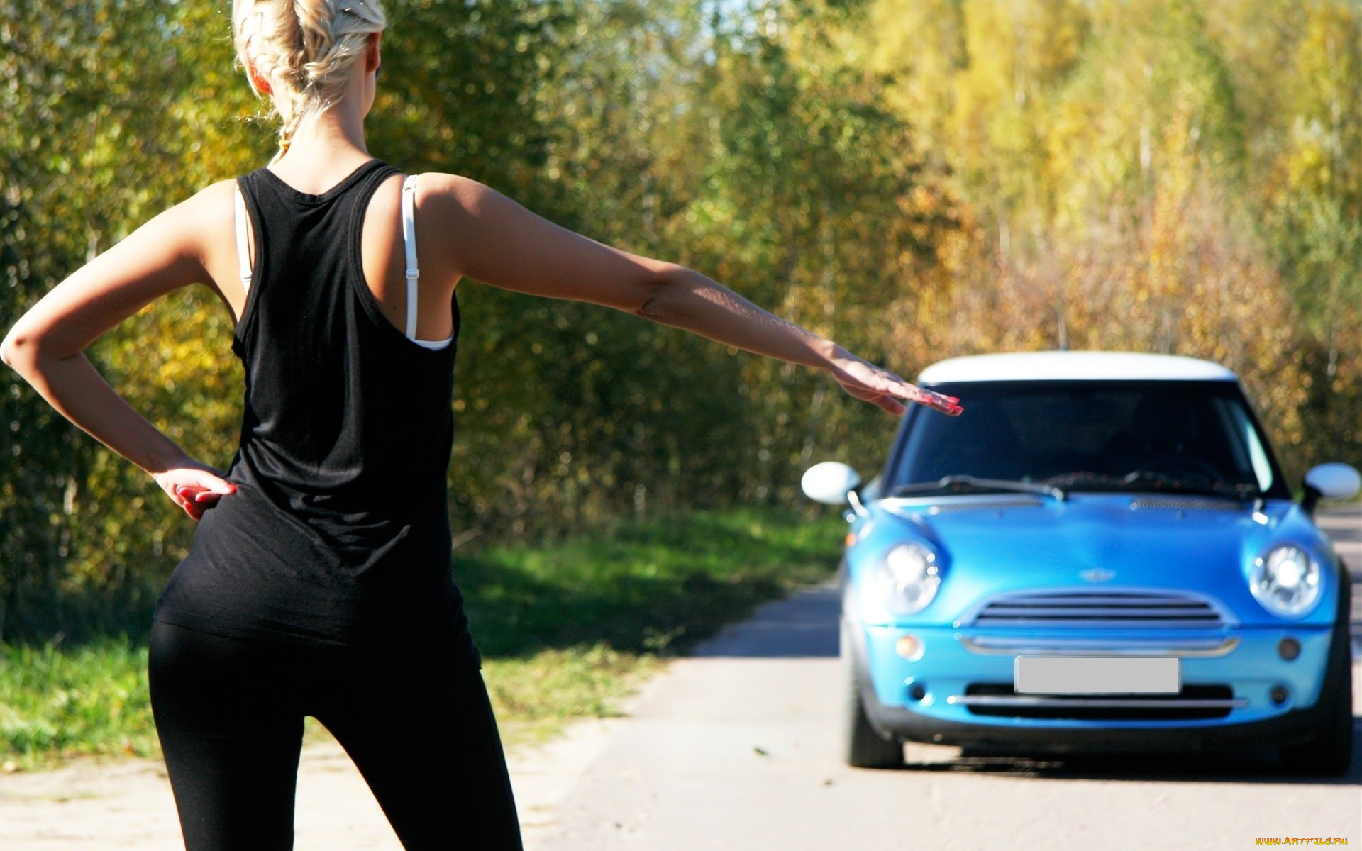 девушки, -, блондинки, , светловолосые, блондинка, майка, дорога, машина, осень
