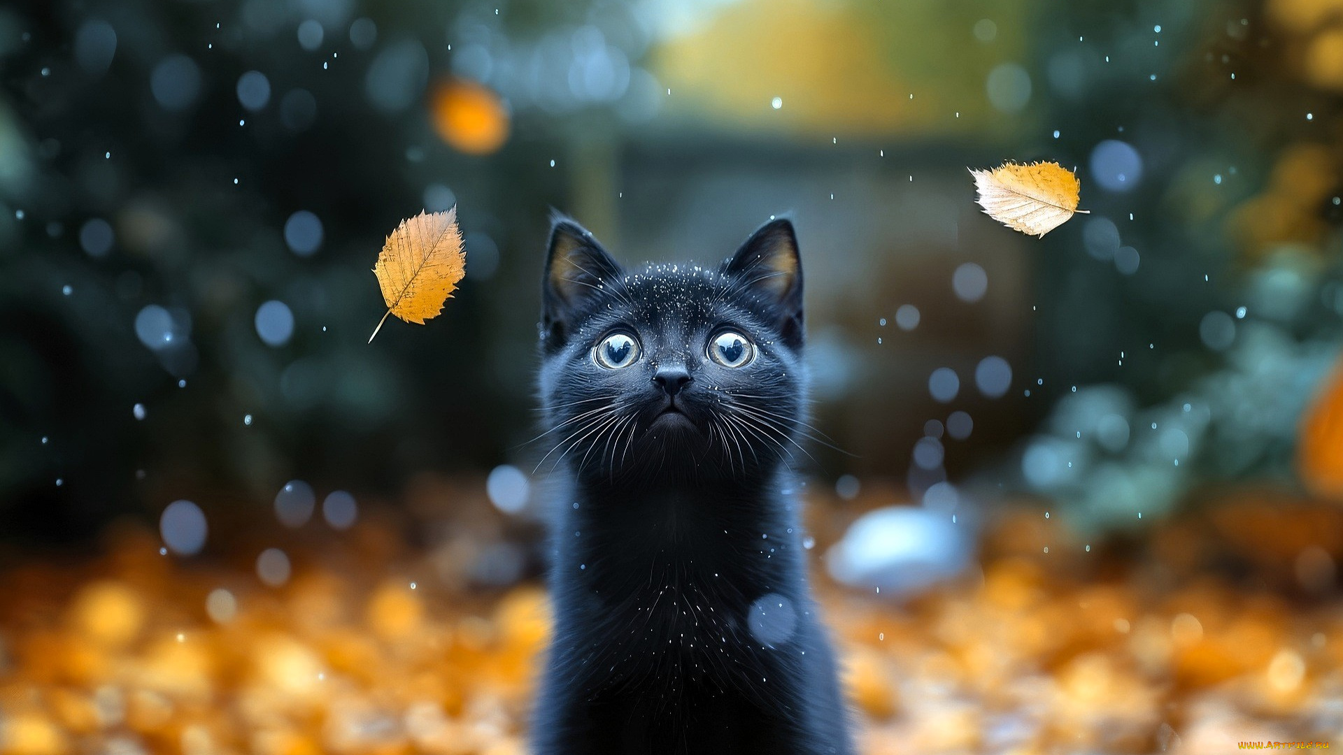 3д, графика, животные, , animals, кот, листья, блики, осень