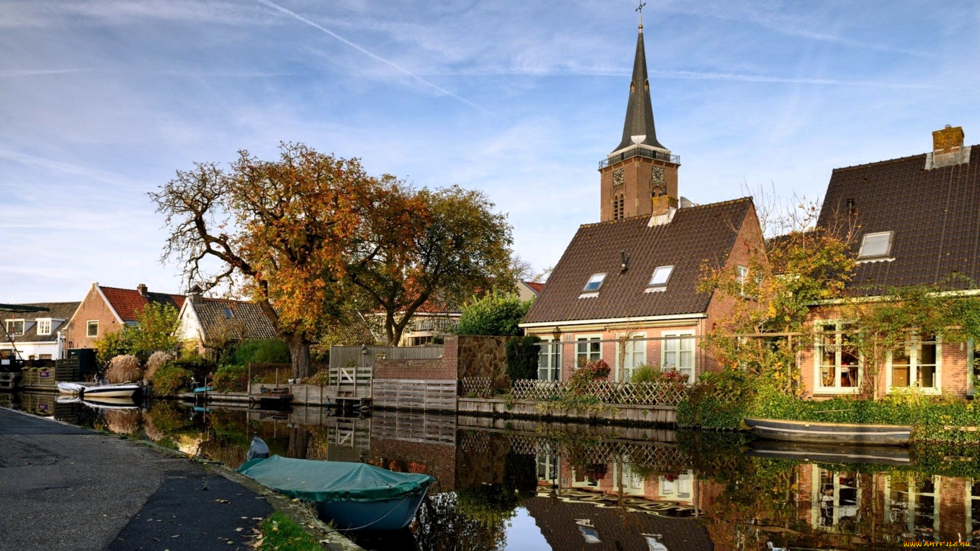 abcoude, города, -, улицы, , площади, , набережные, дома, улица, осень, деревья, канал, лодка