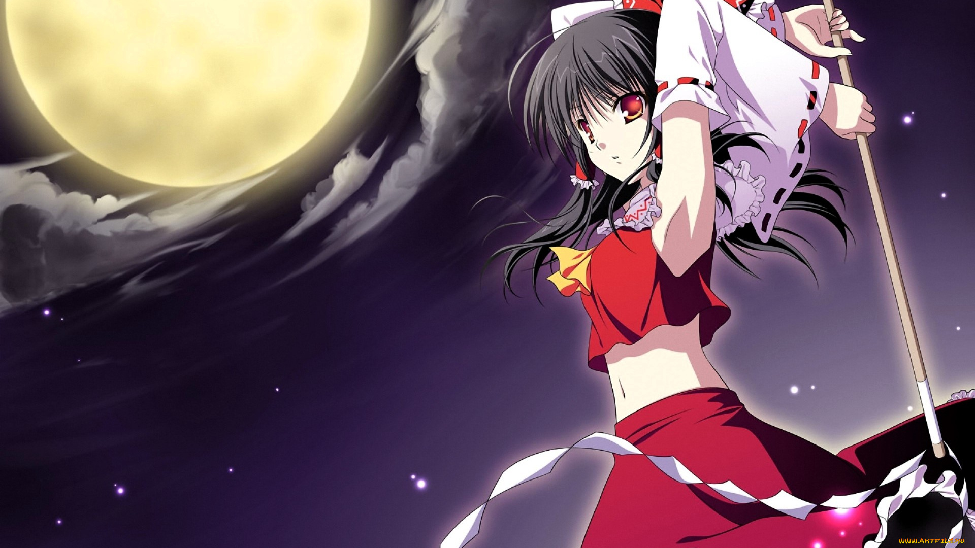 аниме, touhou, девочка, посох, луна