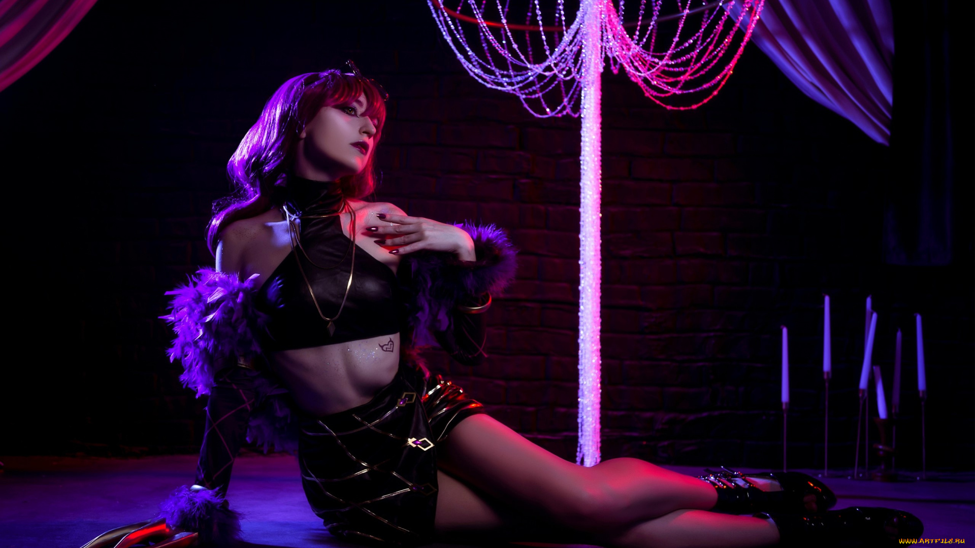 девушки, momo, образ, косплей, наряд, топ, юбка, когти, ботинки, люстра