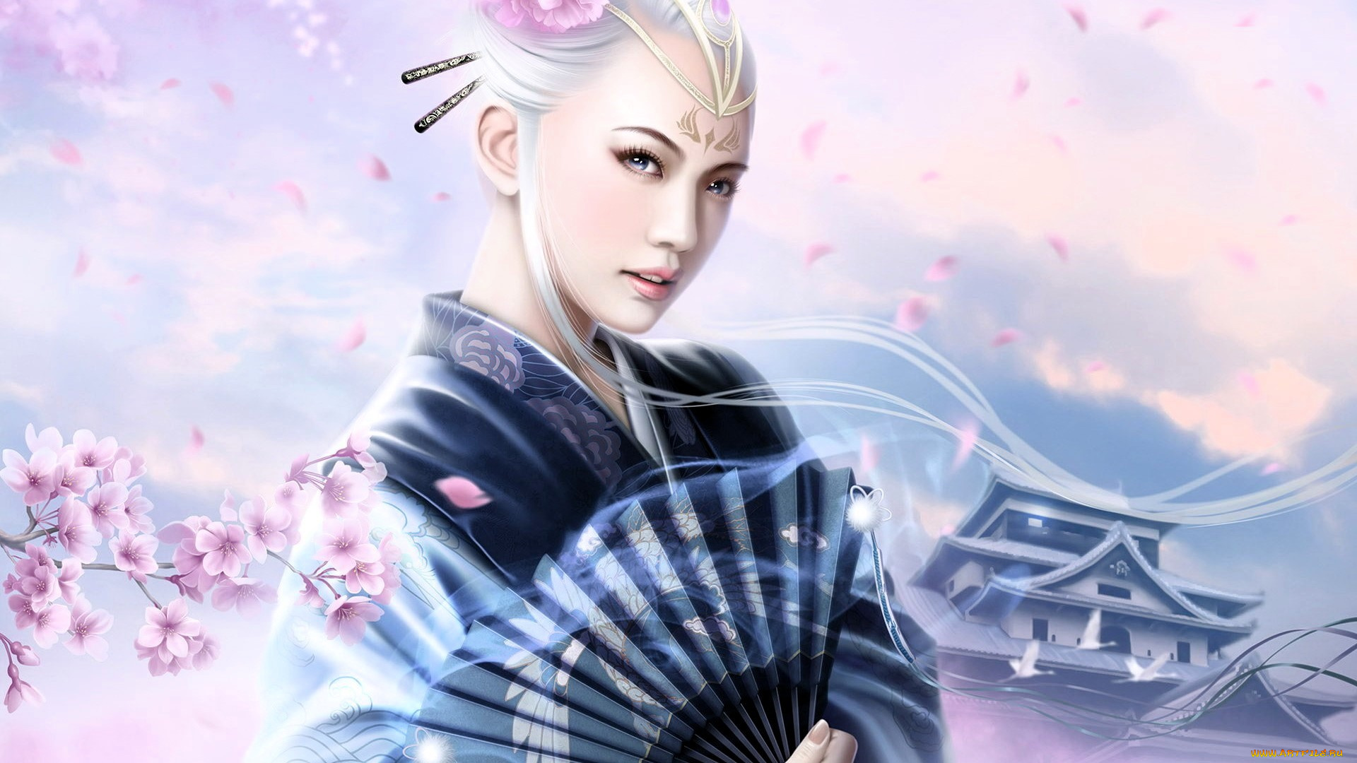 фэнтези, девушки, девушка, кимоно, веер, сакура, дом