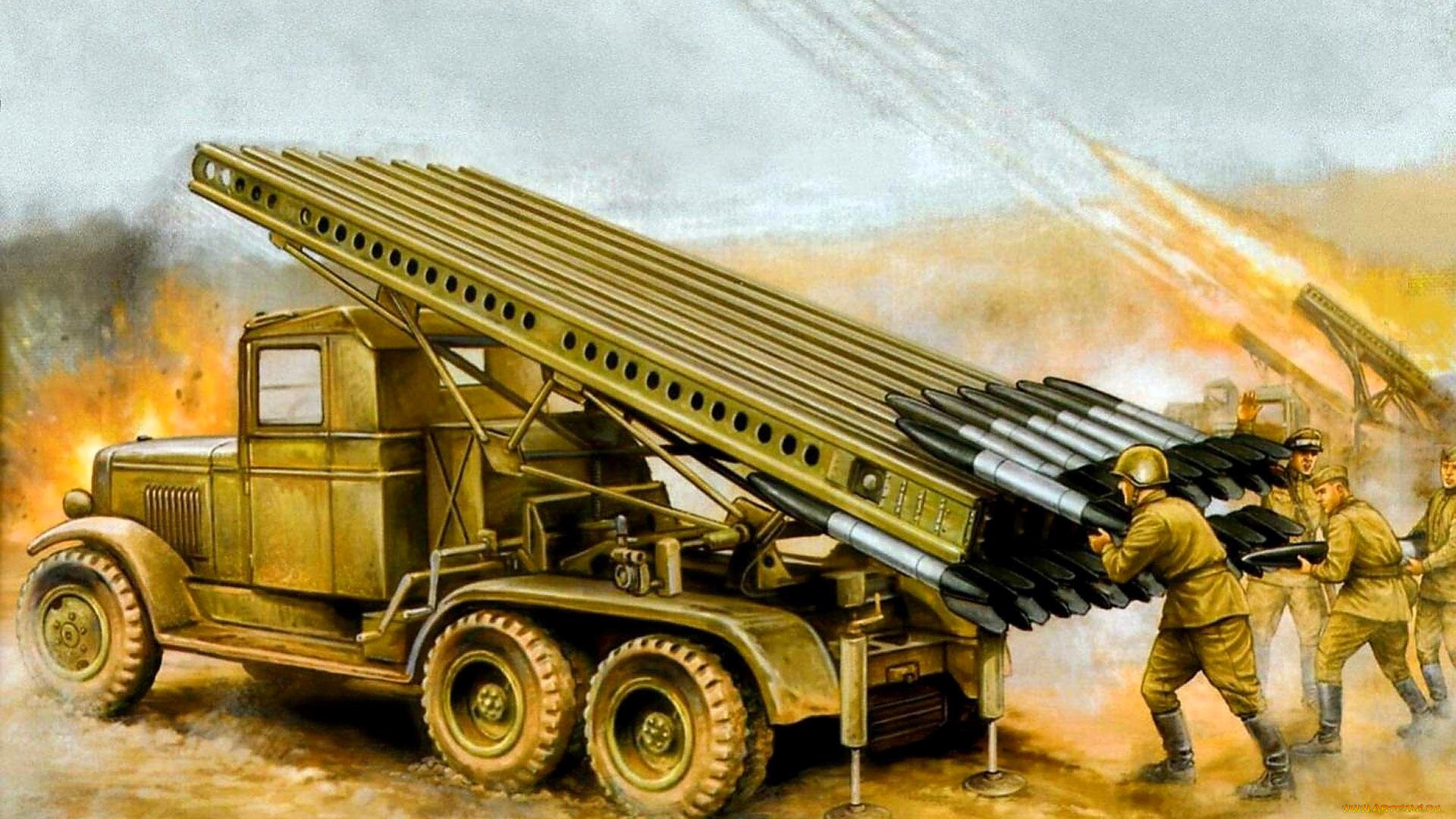 рисованное, армия, солдаты, техника, катюши, снаряды, огонь