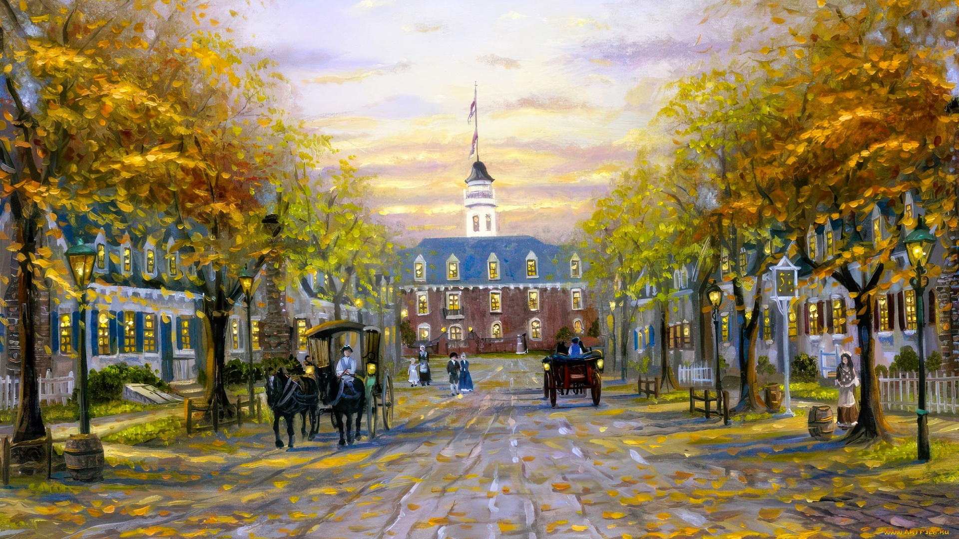 рисованное, robert, finale, осень, деревья, листья, здания, кареты