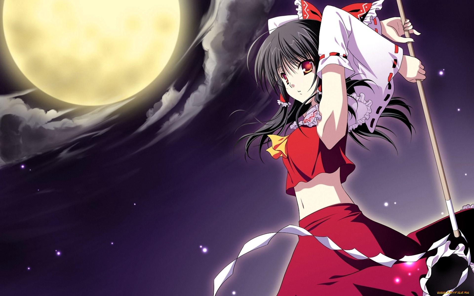 аниме, touhou, девочка, посох, луна