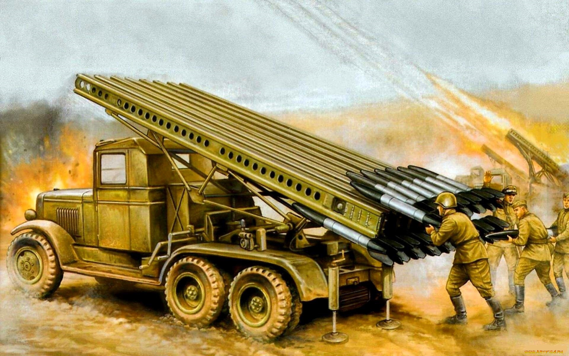 рисованное, армия, солдаты, техника, катюши, снаряды, огонь