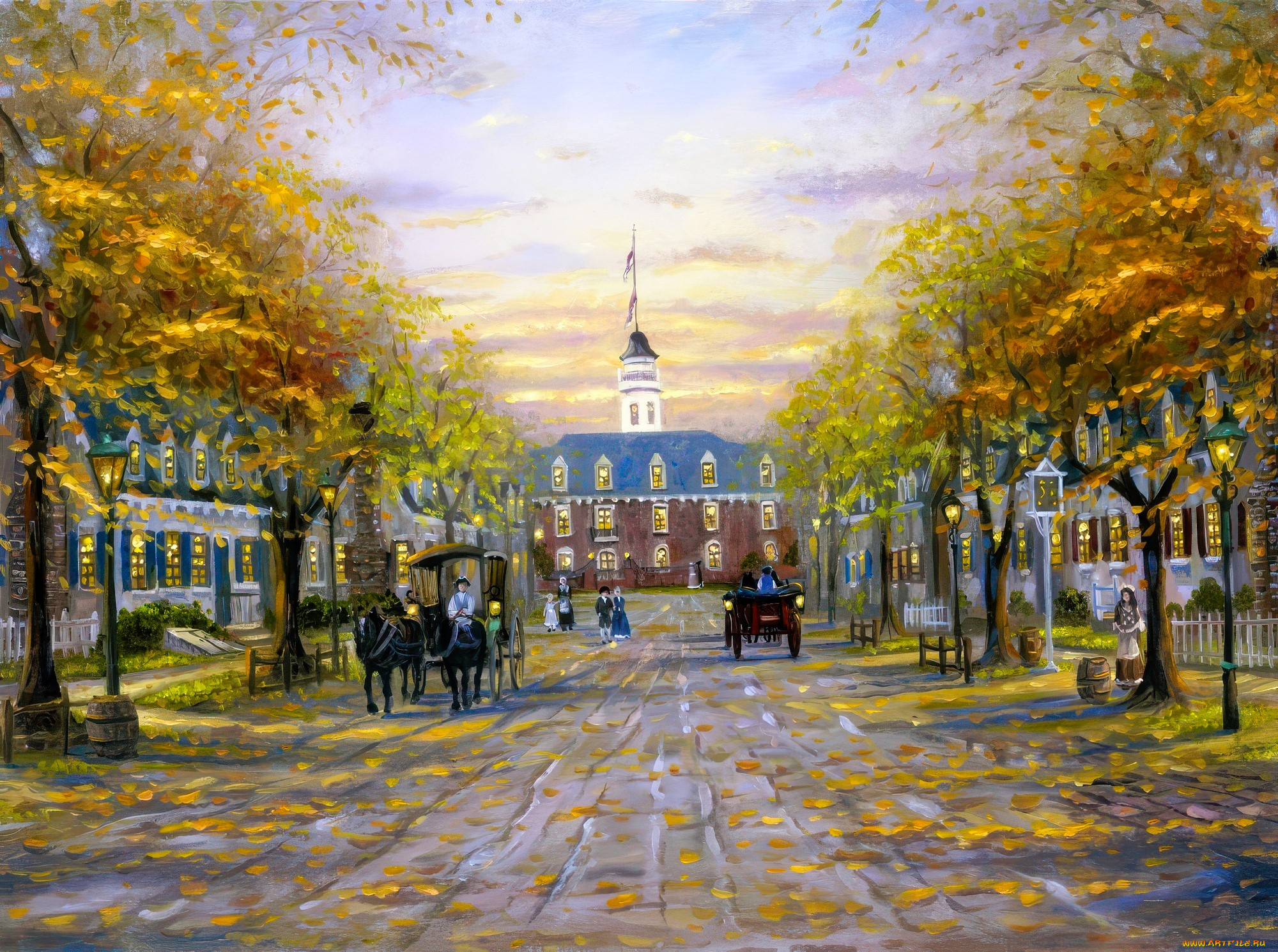 рисованное, robert, finale, осень, деревья, листья, здания, кареты