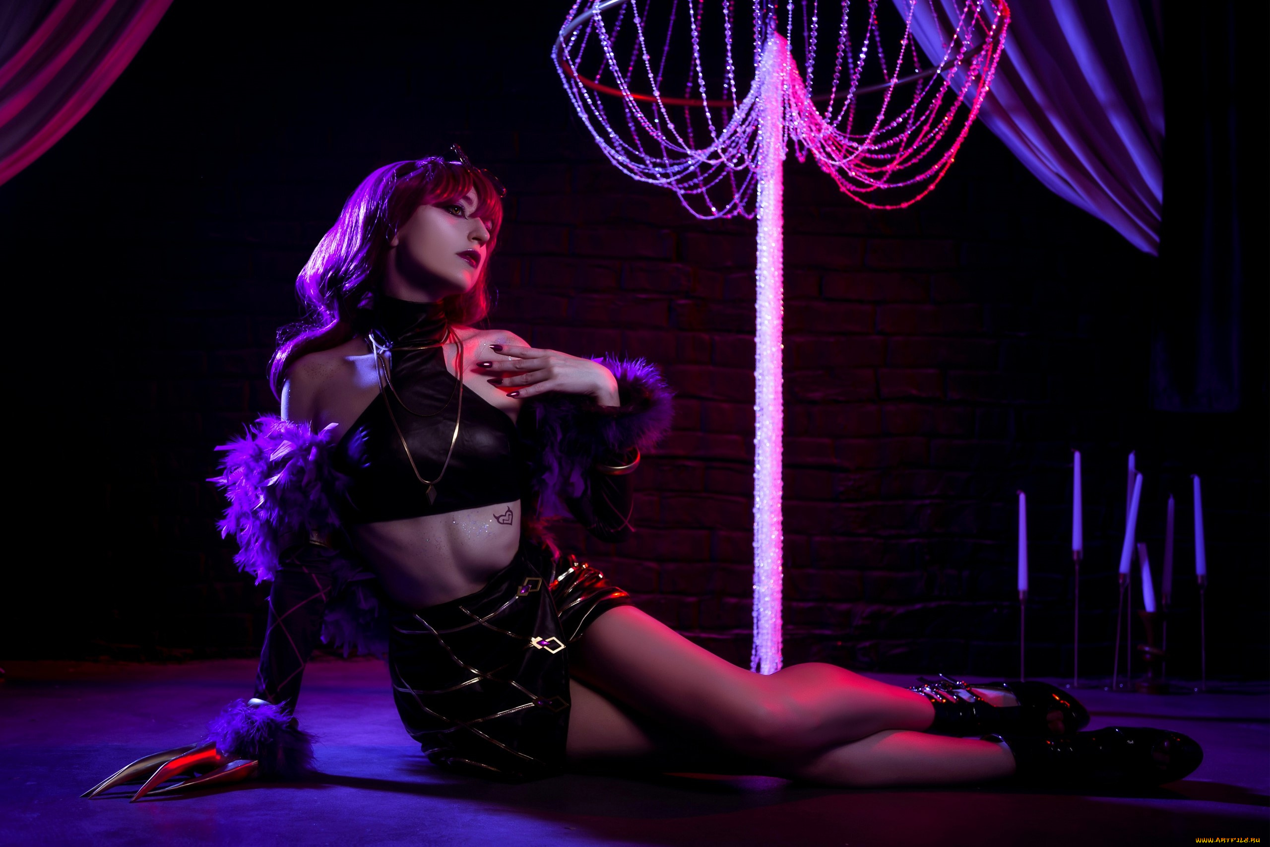 девушки, momo, образ, косплей, наряд, топ, юбка, когти, ботинки, люстра