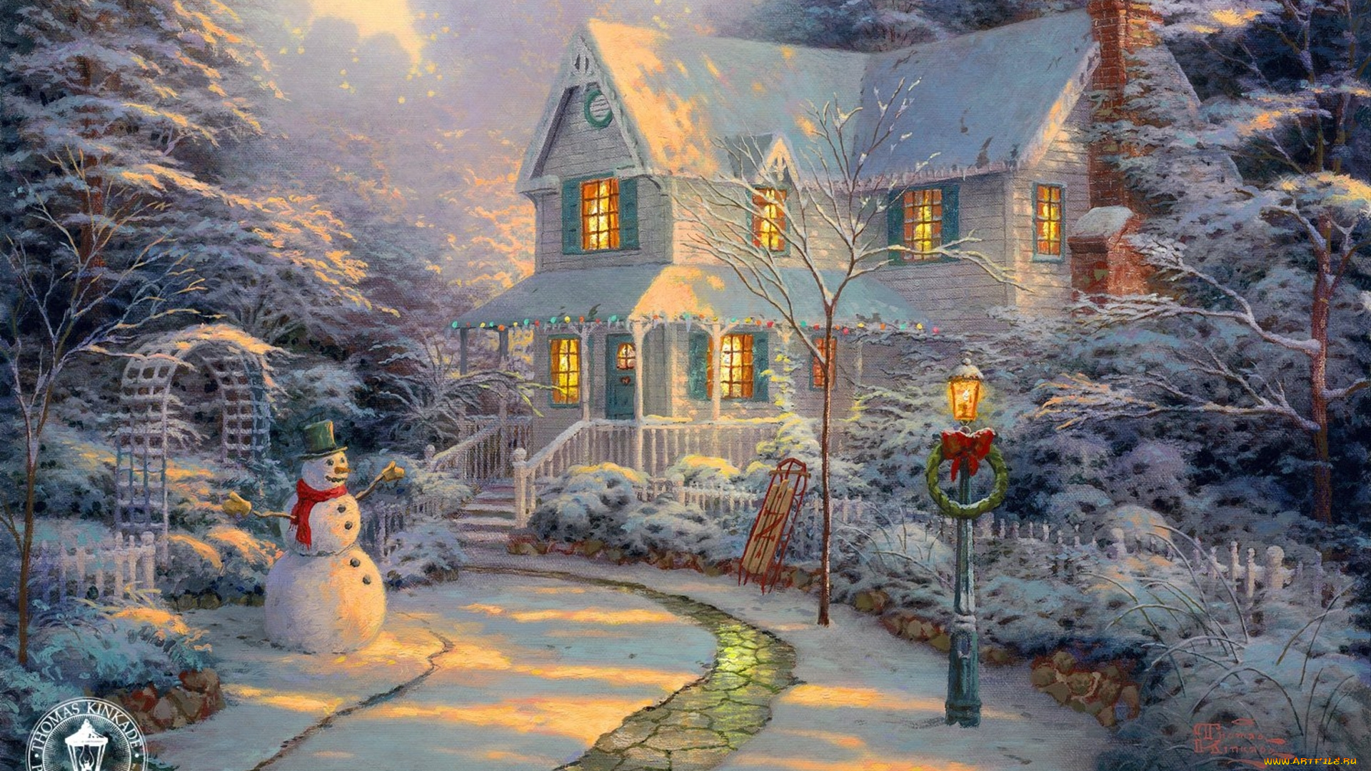 thomas, kinkade, рисованные, снег, снеговик, дом, рождество, зима