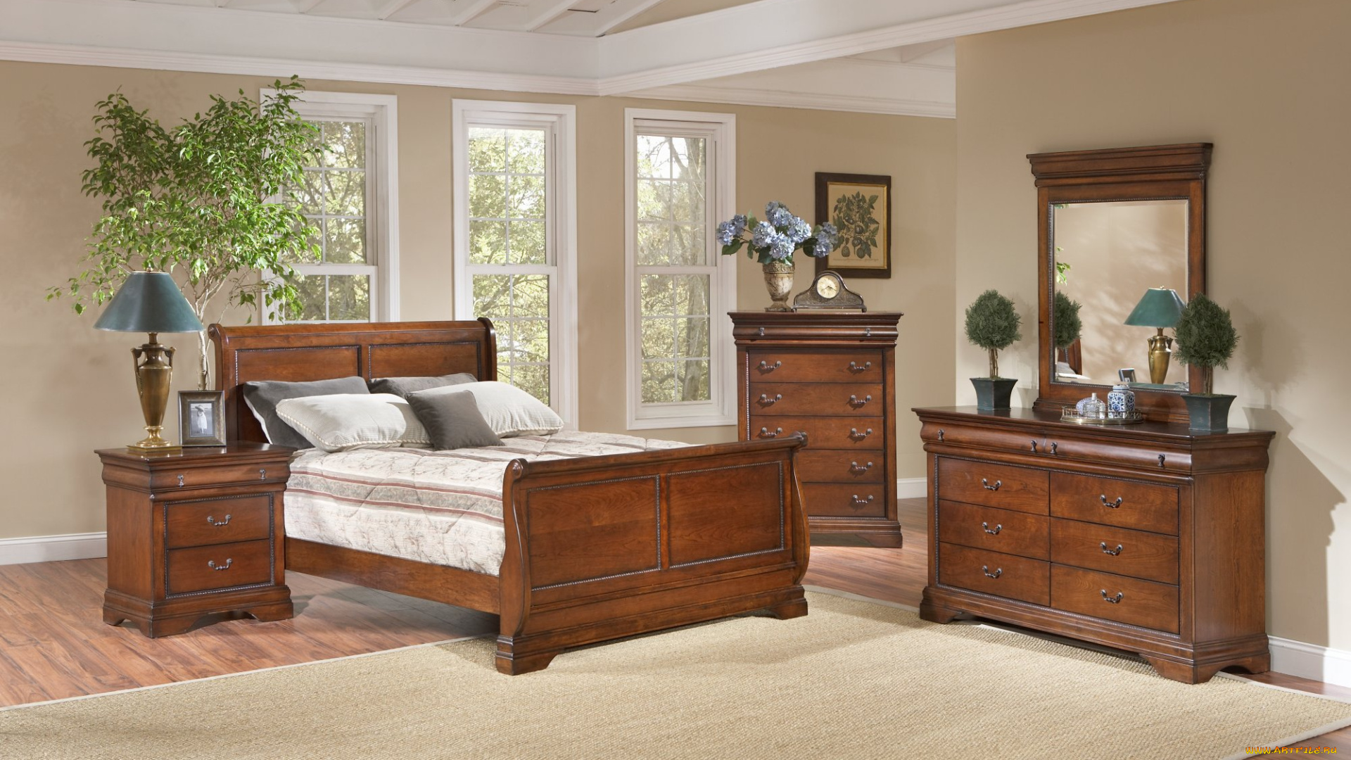 интерьер, спальня, картины, кровать, тумбочки