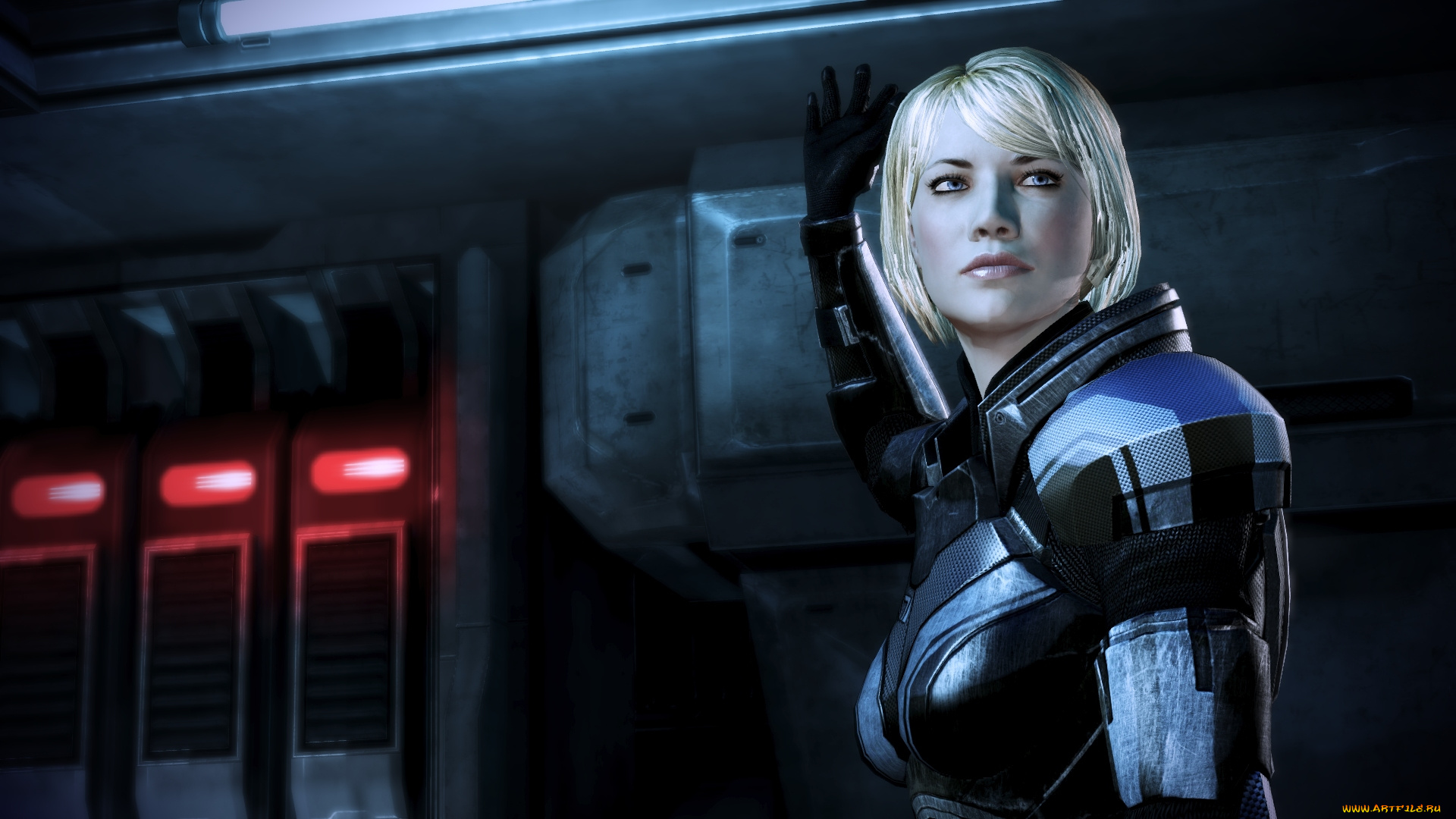 3д, графика, fantasy, фантазия, настороженность, коридор, блондинка, девушка