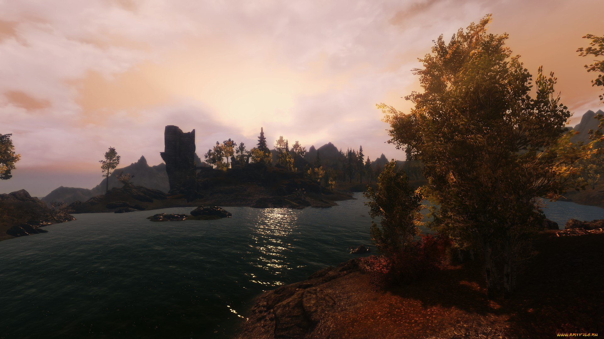 3д, графика, nature, landscape, природа, река, облака, деревья