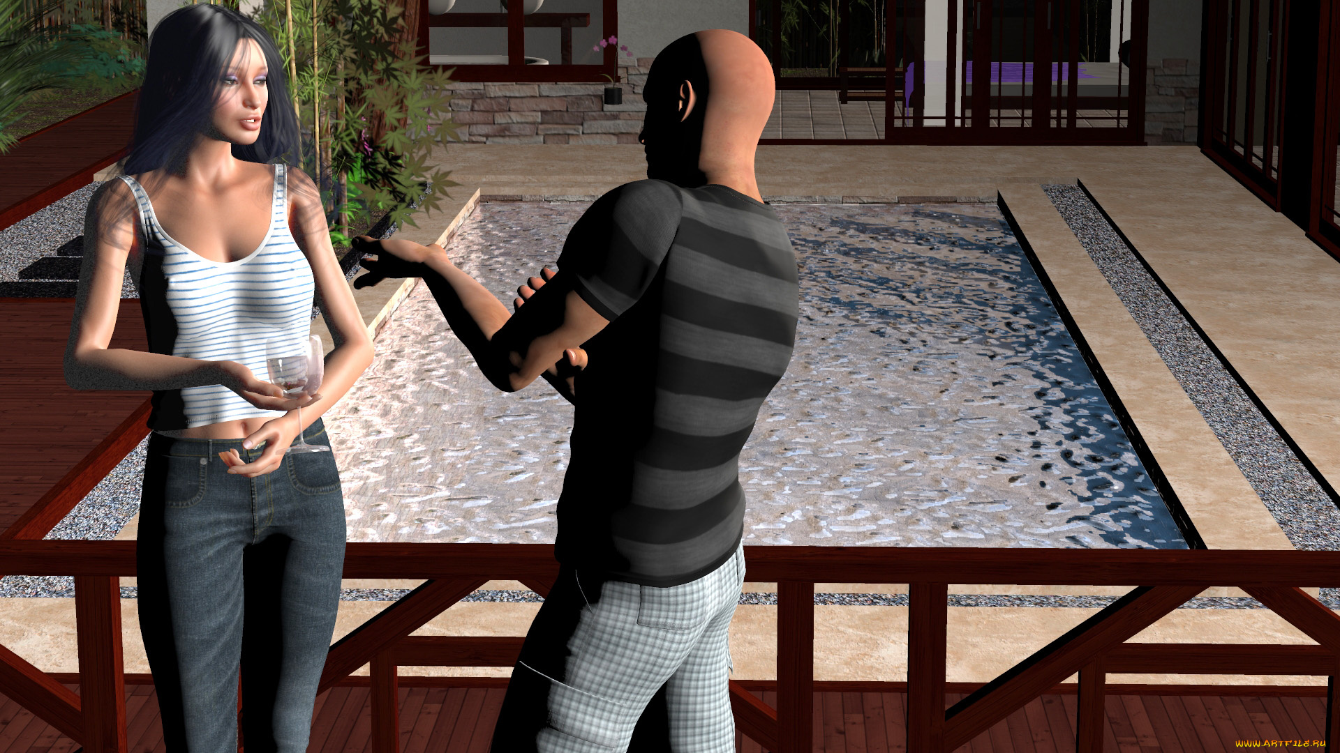 3д, графика, people, люди, девушка, парень, бассейн