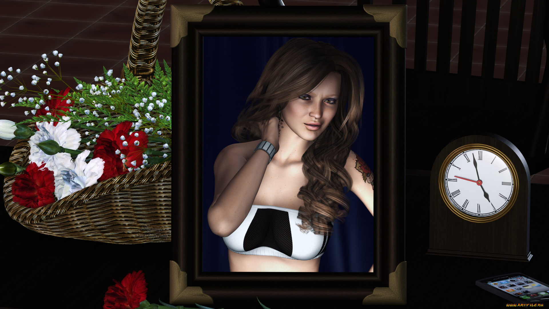 3д, графика, portraits, портрет, корзина, цветы, часы, фотка, девушка
