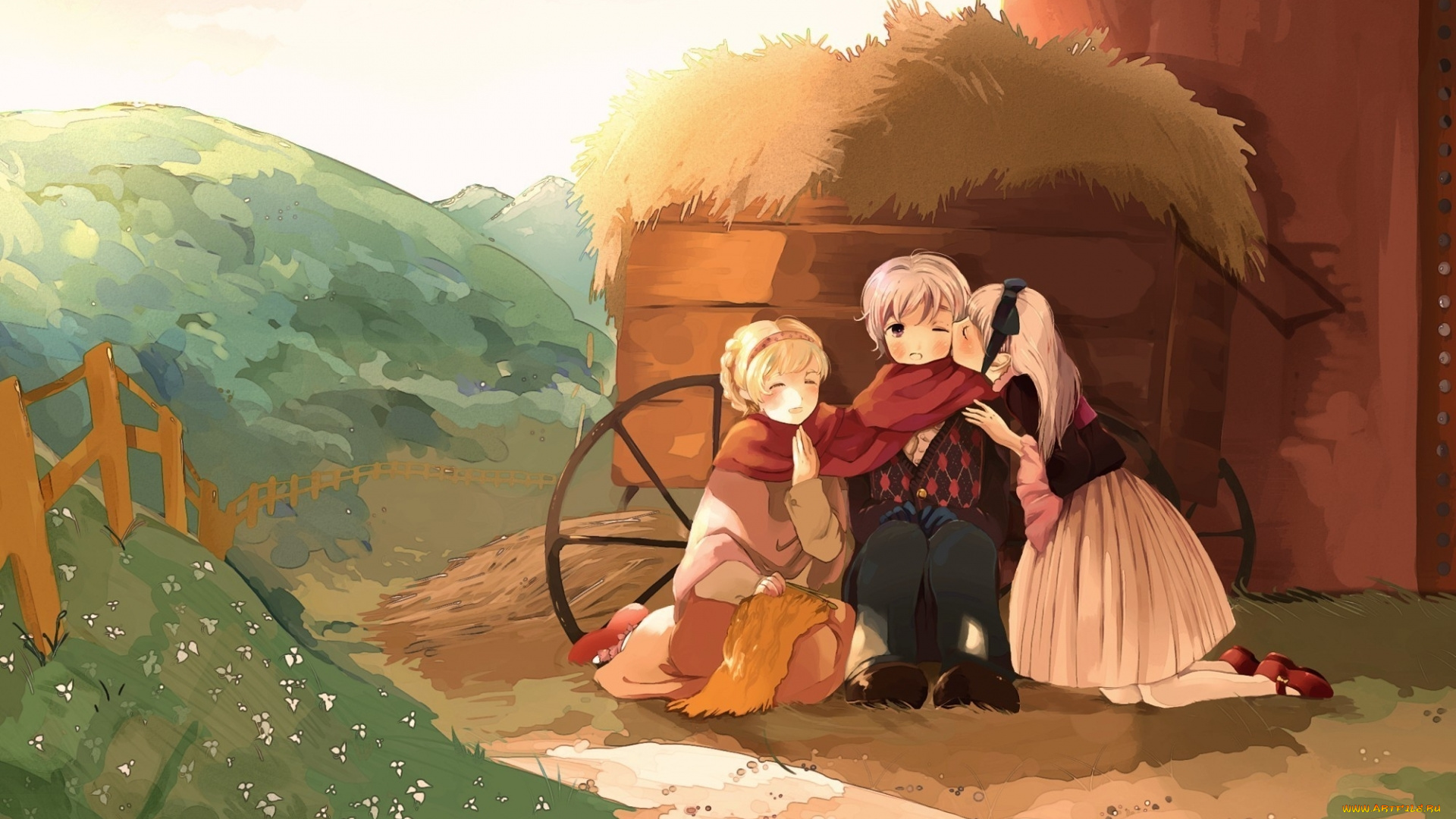 рисованные, дети, забор, холмы, сено, девочки, мальчик