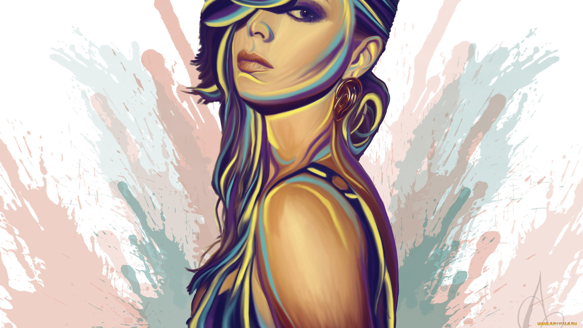 рисованные, люди, фон, волосы, серьги, лицо, взгляд, краски, девушка