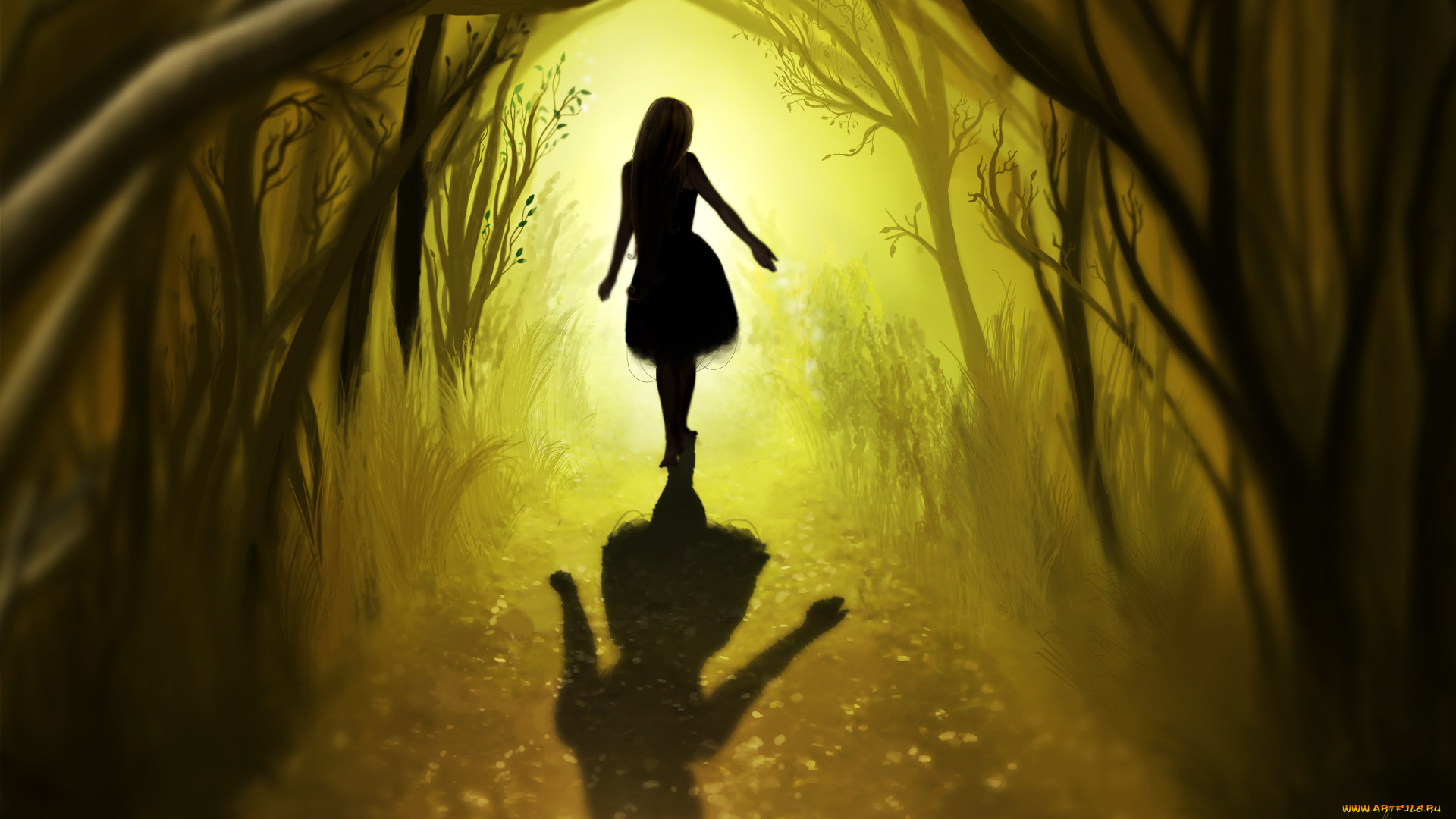 рисованные, люди, листья, деревья, лес, волосы, дорога, тень, спина, девушка