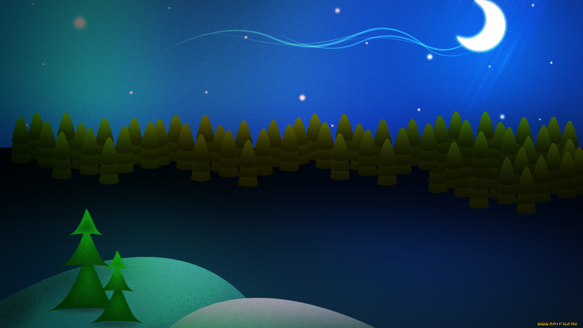 рисованные, минимализм, ночь, звёзды, зима, сугробы, месяц, ёлки